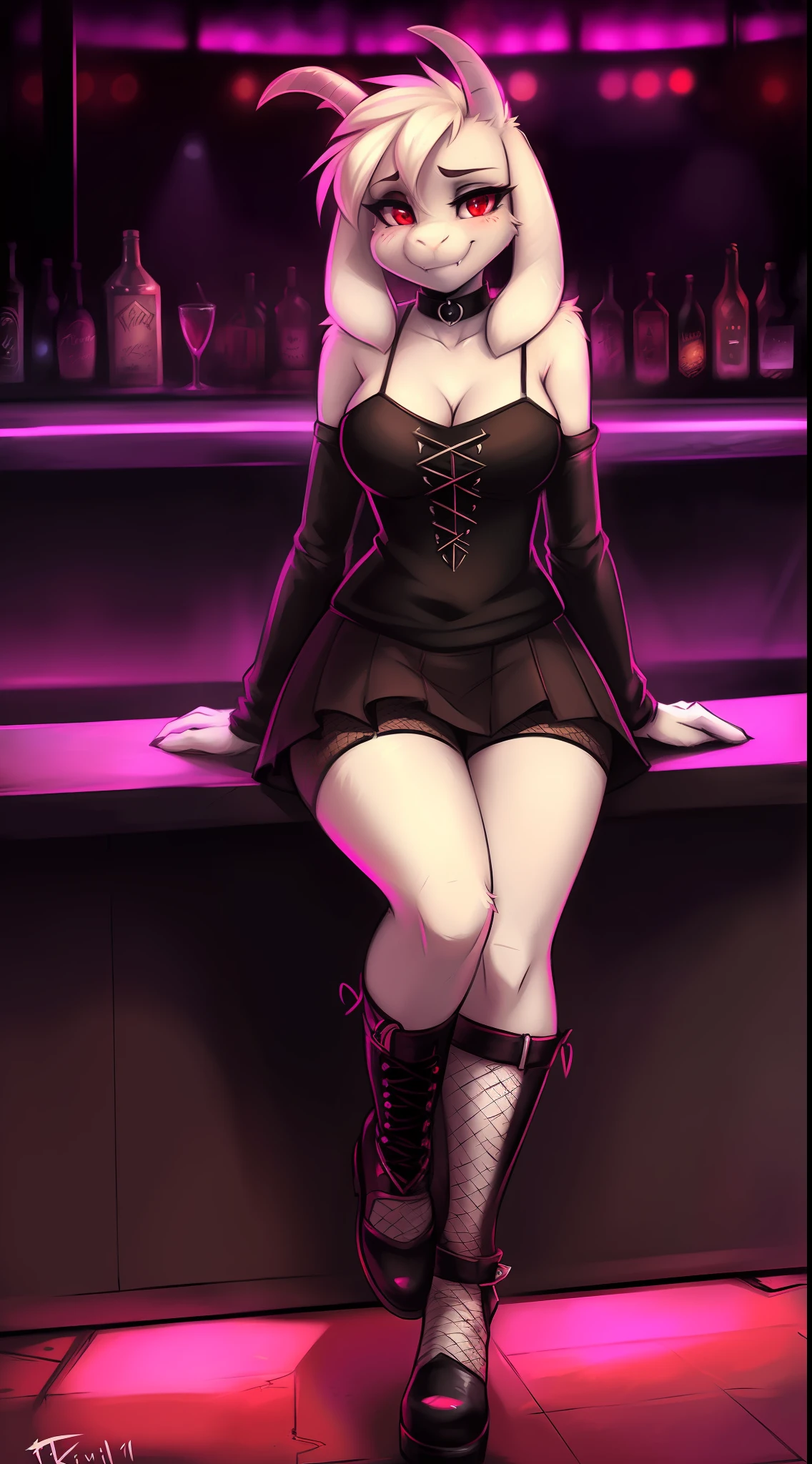 by fluff-kevlar, by Zackary911, by Kenket, by Kilinah, by fluff-kevlar, (((asriel, woman, breasts, antrum, extremely detailed, extremely detailed legs, extremely detailed arms, extremely detailed face, perfectly detailed eyes, perfectly detailed anatomy))): 1.2, solo, perspective, curved thighs, huge thighs, curvature, embarrassed smile, (tail), totally blushed, nervous, looking at the viewer, red eyes, black choker, gothic outfit, green tank top, black skirt, Fishnet stockings, boots, gothic makeup, Nightclub, neon lights, Fishnet gloves, bar, sitting on a chair