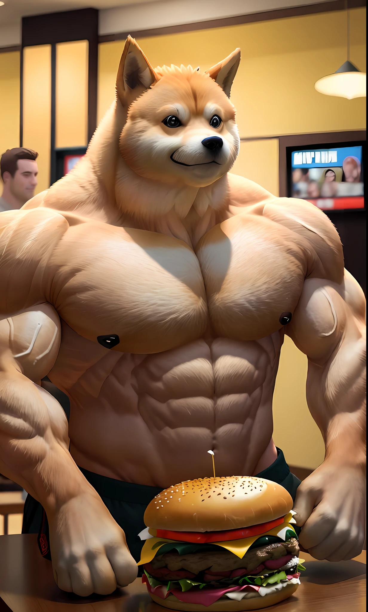 a professional photo of [(((buff Swoledoge))):buff Swoledoge:8], grinning, dog body, eating a large burger in a restaurant, cinematic dramatic light, smooth transition, bokeh