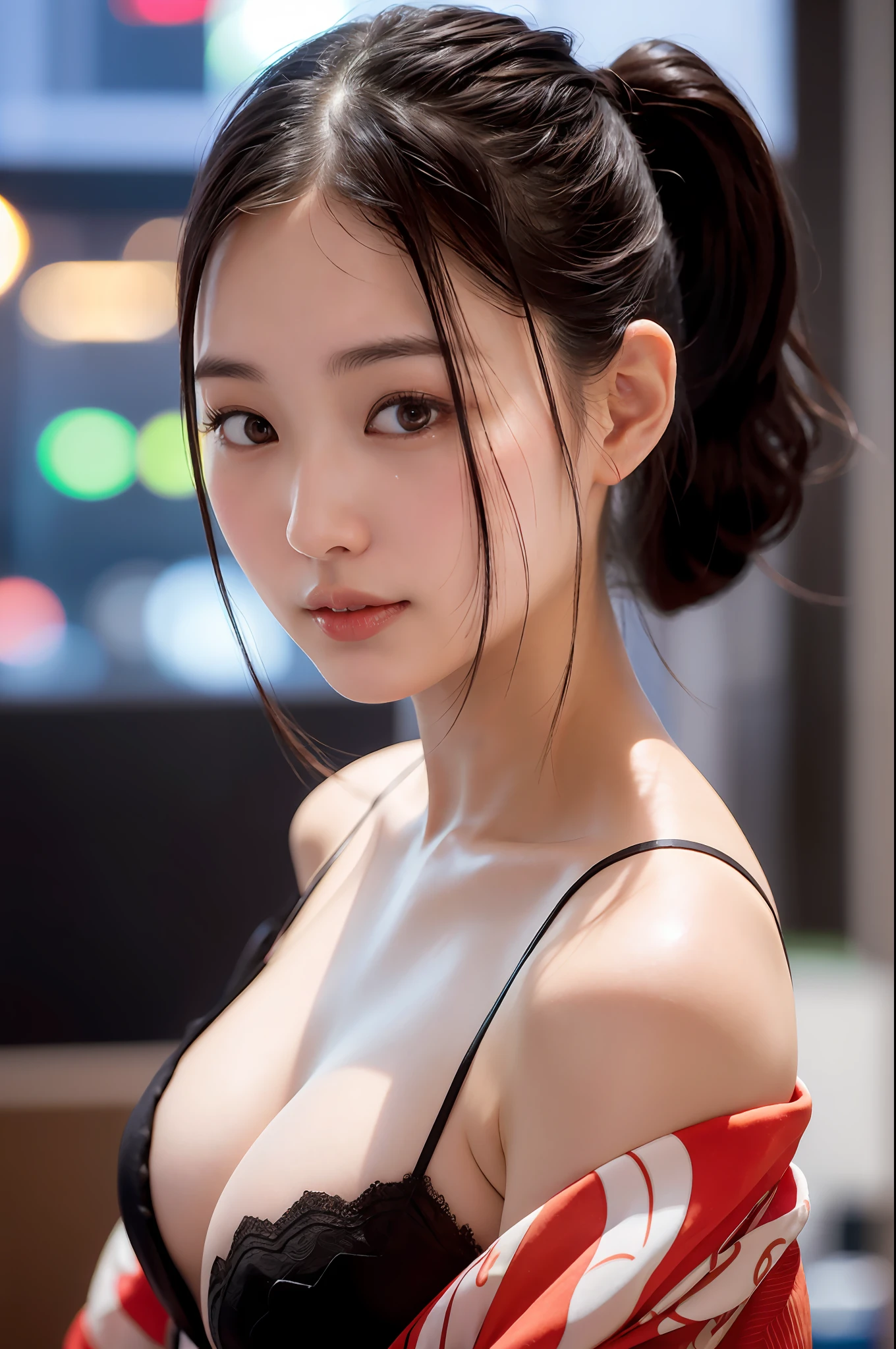 ((fancy kimono, ponytail, from the side))), (walking sideways, festival, in the city, at night, side breasts visible through clothes, open chest, looking to the side, angle from above), (very dark lip gloss, pitch black lipstick, so many eyelashes, pitch black eyeshadow), bras in simple colors, NSFW, 8k, RAW photos, top quality, high resolution: 1.1, Hyper-Realistic: 1.4, Realistic, Super Detail, Photorealistic: 1.3, Absurdity, Masterpiece, Urzan-6500-V1.1:0.33, beautiful_mistake-6500:0.66, pureerosface_v1:0.33, Raw Photography: 1.2, Open Mouth, Soft Light, Cinema Light, Film Grain, Full Body, Depth of Field,, Blurry background, eye focus, 20 years old, 85mm lens, f/1.4, professional lighting, portrait, photon mapping, radiosity, physically based rendering, transparency, Japan girls, sexual arousal: 1.5, realistic face, realistic body, realistic skin, clean: 1.5, big breasts: 1.3, teardrops, watery eyes, raised eyebrows, good style, camel toes, smile, Charming smile