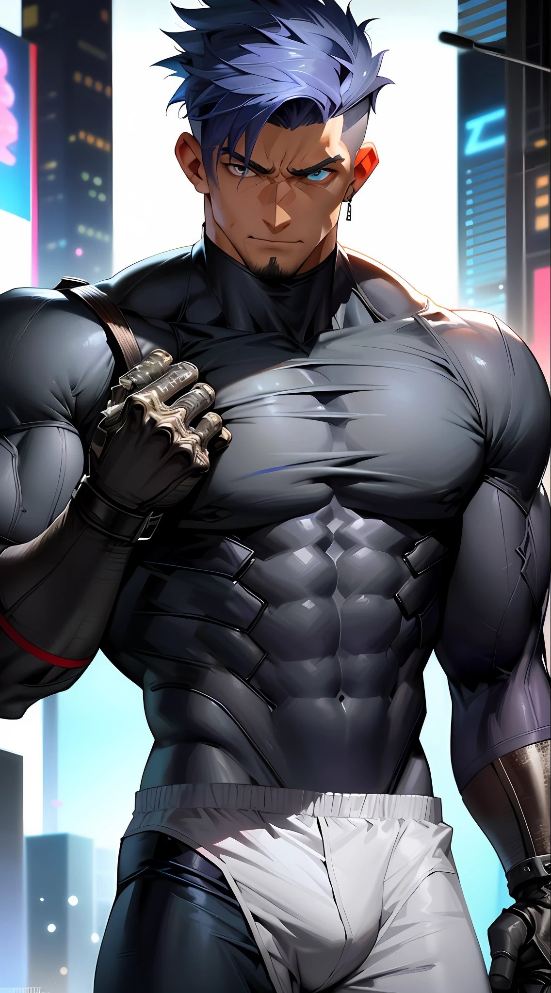 There is a man in a shirt posing for a photo, muscular male hero, heroic male pose, wide chest, strong and imposing, male art, muscular! Cyberpunk, detailed digital anime art, attractive strong male with armor, muscle characters, rip, art stand man aesthetic, muscular, only white shorts, shirtless top, raised crotch