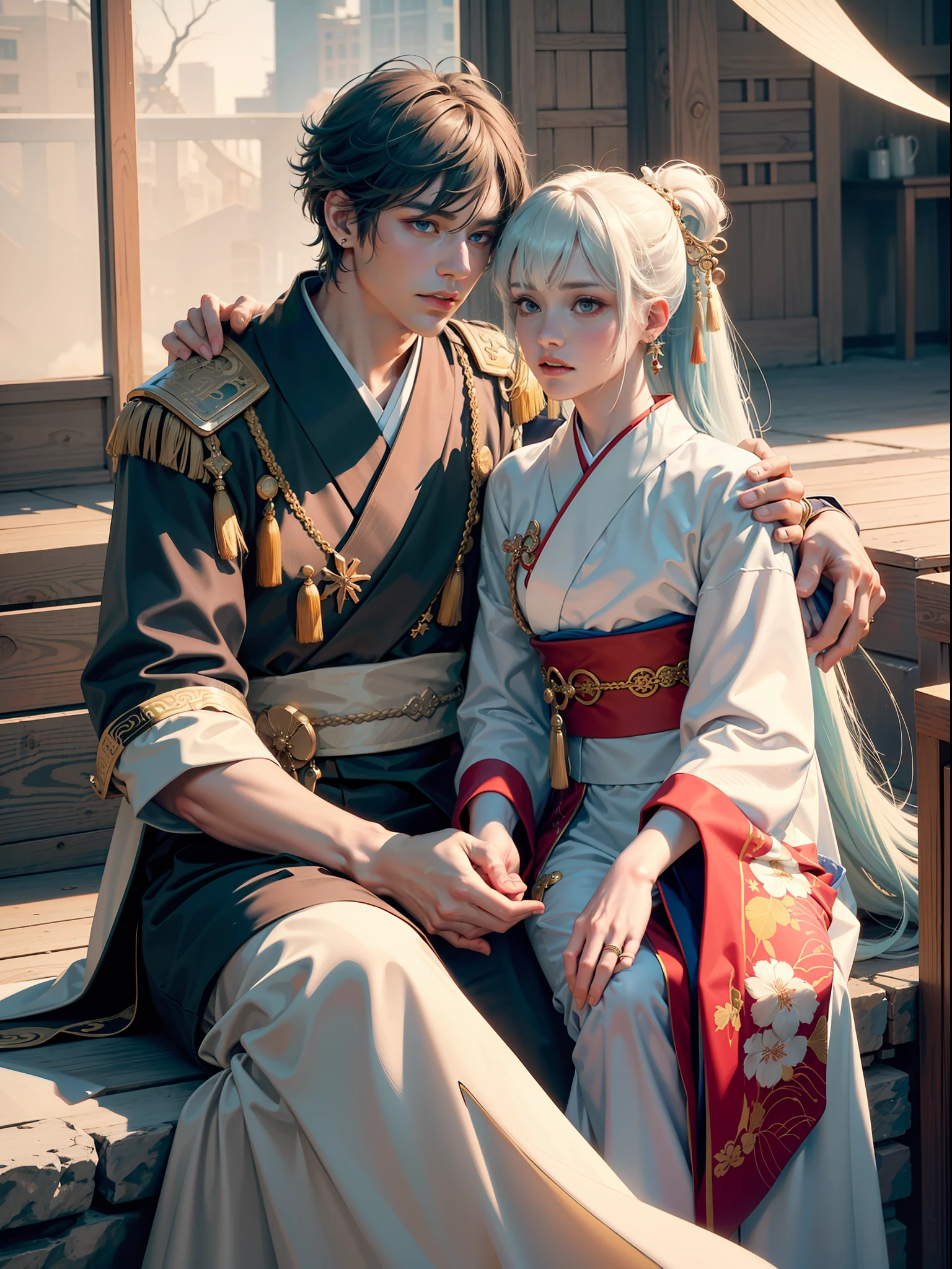 Concept Art, "1 Couple, Male Focus, Finned Ears, Multicolored Hair, Handsome Boy, Long White Hair, Tassels, Bangs, Carp, Colorful, Bold Colors, White Kimono, (Open) Kimono, Traditional Chinese Clothing, Close-up, Intimate Interaction, Stud Earrings, Rings, Sweat, Illuminate People", Colorful, Master Composition with Focus on Key Figures, Realism, Masterpiece, Award-Standing, Best Quality, Masterpiece, Ultra Detailed, 8K, Extremely detailed CG Unity 8k wallpaper, complex, highly detailed, realistic