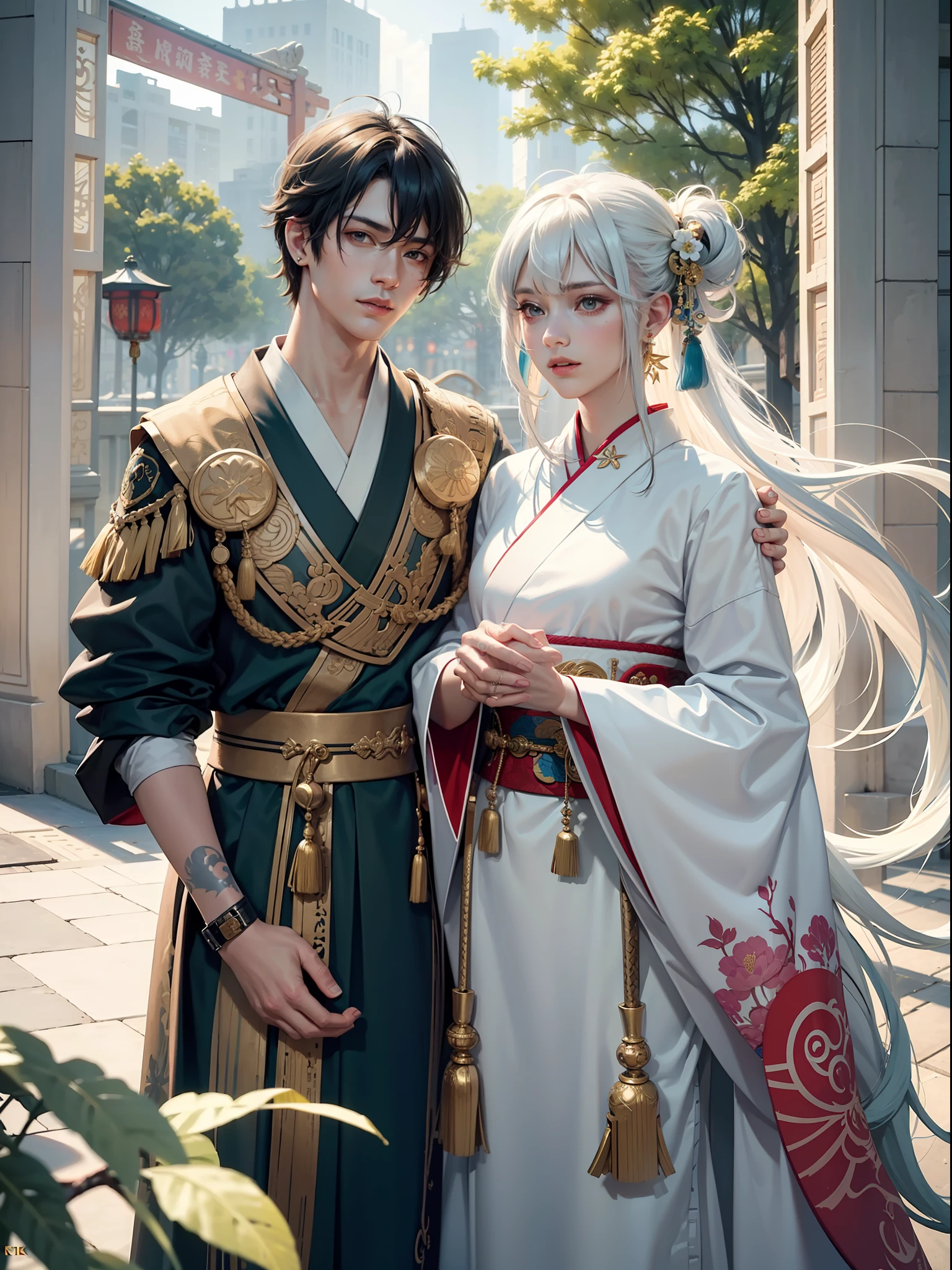 Concept Art, "1 Couple, Male Focus, Finned Ears, Multicolored Hair, Handsome Boy, Long White Hair, Tassels, Bangs, Carp, Colorful, Bold Colors, White Kimono, (Open) Kimono, Traditional Chinese Clothing, Close-up, Intimate Interaction, Stud Earrings, Rings, Sweat, Illuminate People", Colorful, Master Composition with Focus on Key Figures, Realism, Masterpiece, Award-Standing, Best Quality, Masterpiece, Ultra Detailed, 8K, Extremely detailed CG Unity 8k wallpaper, complex, highly detailed, realistic