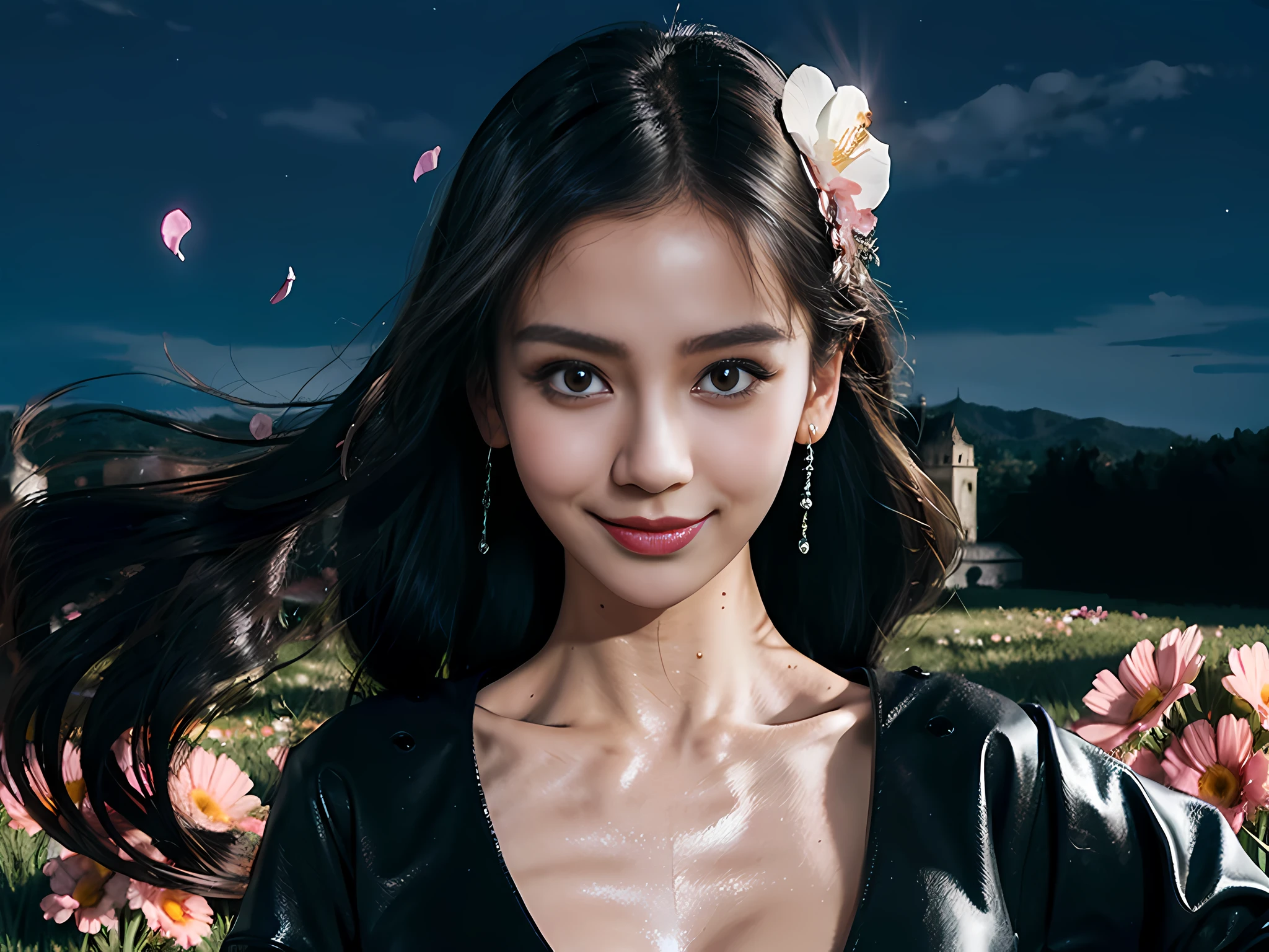 masterpiece,best quality,1boy,(colorful),(delicate eyes and face),volumatic light,ray tracing,bust shot,extremely detailed CG unity 8k wallpaper,solo,smile,intricate skirt,((flying petal)),(Flowery meadow) sky,cloudy_sky,moonlight,moon,night,(dark theme:1.3),light,fantasy,windy,magic sparks,dark castle,white hair,shidudou,asta,1boy,dahewu