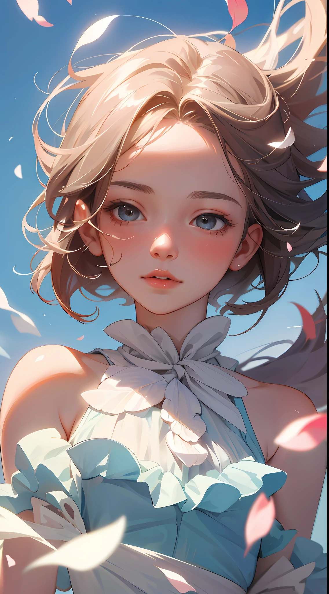 (best quality, masterpiece, ultra-realistic), 1 beautiful and delicate portrait of a girl, playful and cute, with floating petals in the background