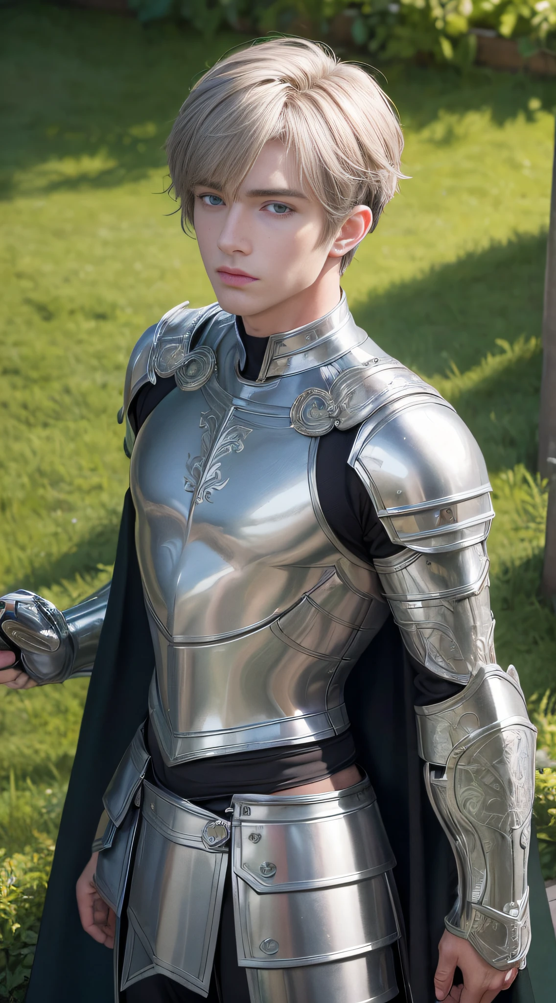 Masterpiece image quality, 8K resolution, best quality, dynamic shots, handsome young male policeman, (green eyes, short hair: 1.3, black overalls, muscles: 1.2), police uniform blends with brown-green lawn garden, CG style rendering, upper body tough and developed.