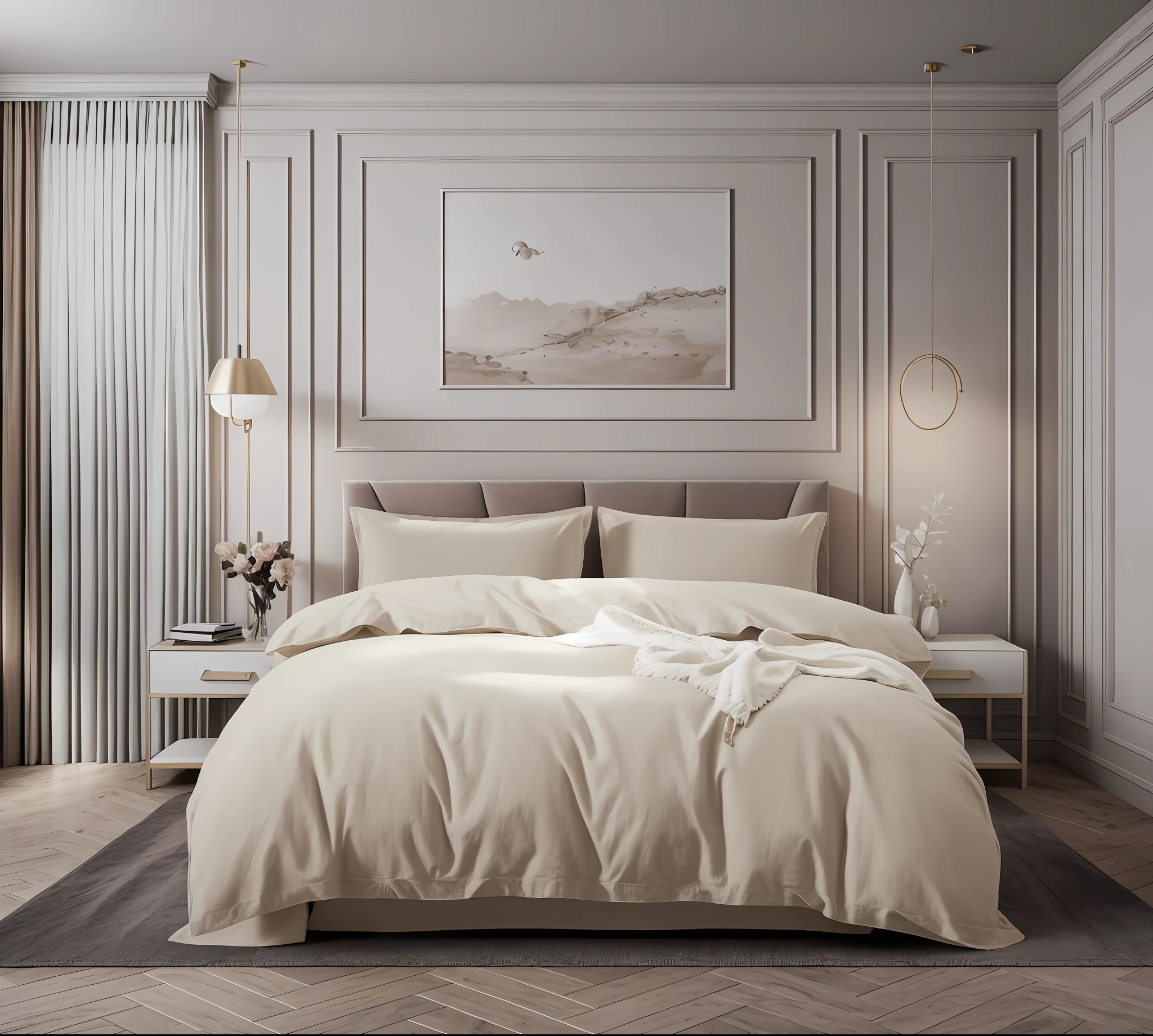 there is a bed with a beige comforter and pillows in a room, serene bedroom setting, designed for cozy aesthetics!, high resolution product photo, sand - colored walls, beige and dark atmosphere, cream - colored room, taupe, product photo, highly photographic render, detailed image, sublime-comfy-elegant ambience, rendered in corona, rendered in vray