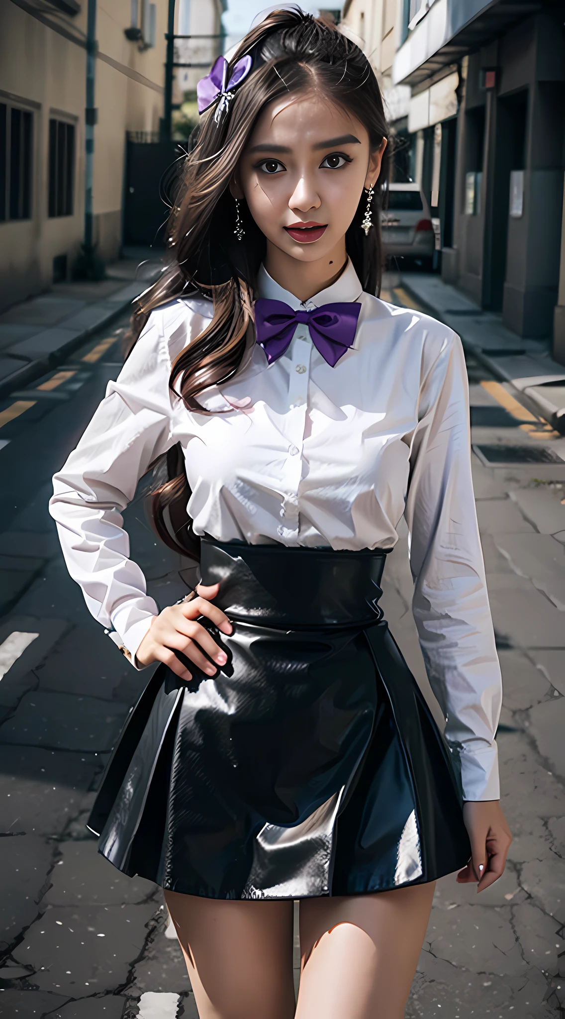 1girl, solo, long hair, blonde hair, hair ornament, skirt, hand on hip, looking at viewer, hairclip, socks, open mouth, bow, long sleeves, blush, purple eyes, bangs, kneehighs, standing, earrings, school uniform, breasts, white bowtie, white bow, bowtie, jewelry, shirt, thighsmasterpiece,best quality, extremely detailed CG unity 8k wallpaper,3D modeling,photos,real world,moyou,White hair,