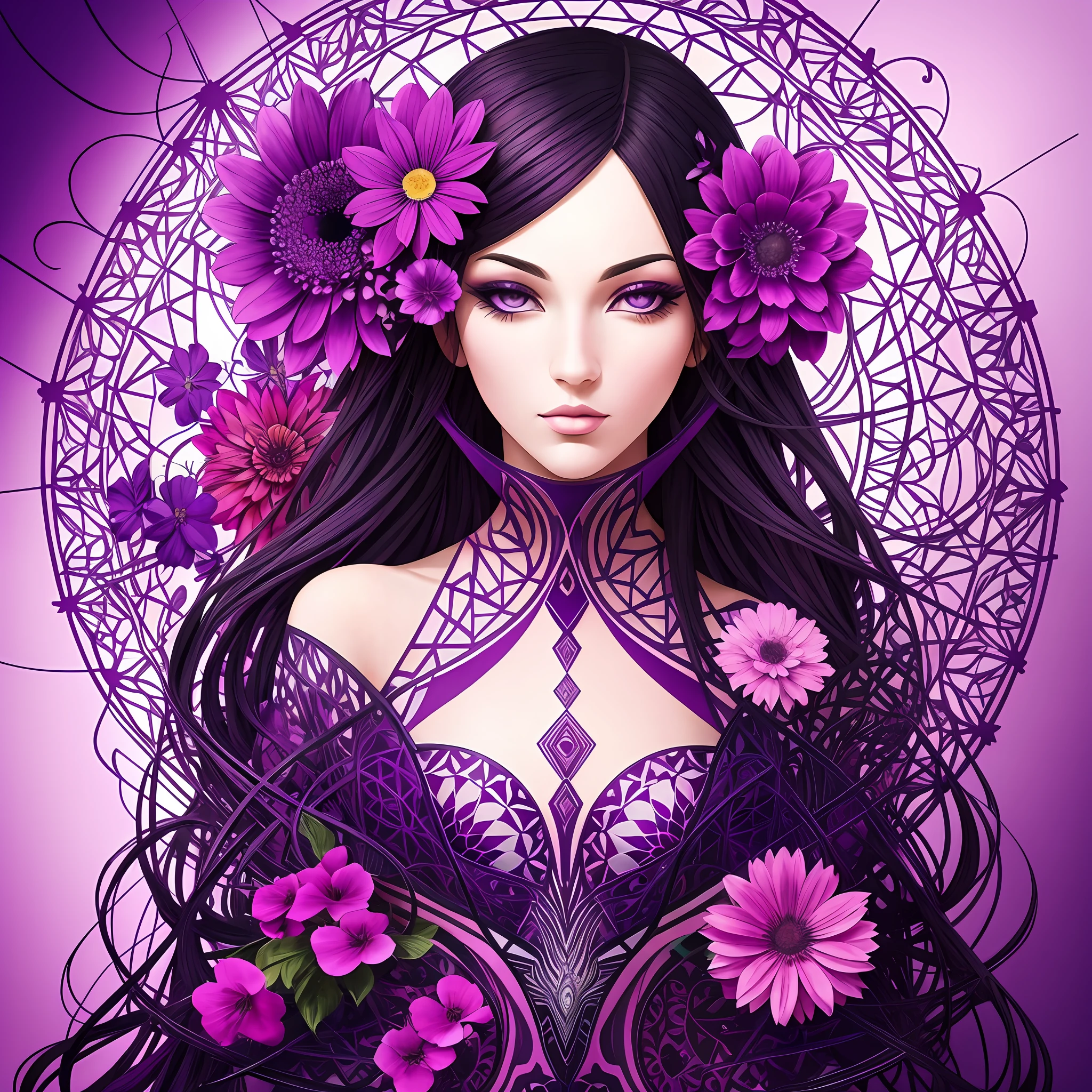 "Using geometric patterns and surrealism to create a beautiful woman's artwork with deep purple hues. Combine bright and gorgeous flowers to create contrast and depth. This masterpiece should be eye-catching, with a hint of abstract art, very addictive.