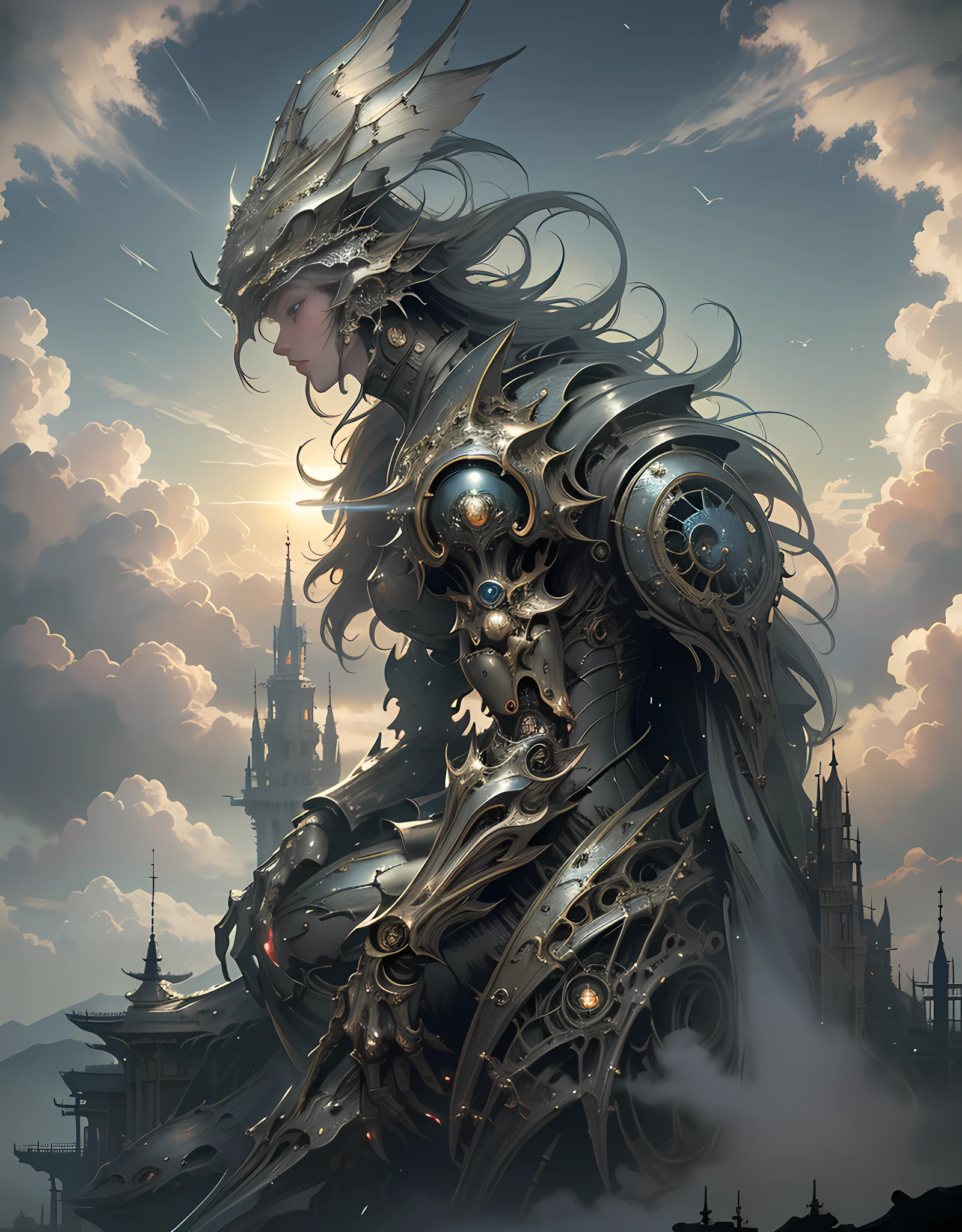 ((best quality)), ((masterpiece)), (detailed), giant mecha, horror beauty, perched on a cloud, (fantasy illustration:1.3), enchanting gaze, otherworldly charm, mystical sky, (Luis Royo:1.2), (Yoshitaka Amano:1.1), moonlit night, soft colors, (detailed cloudscape:1.3), (high-resolution:1.2)