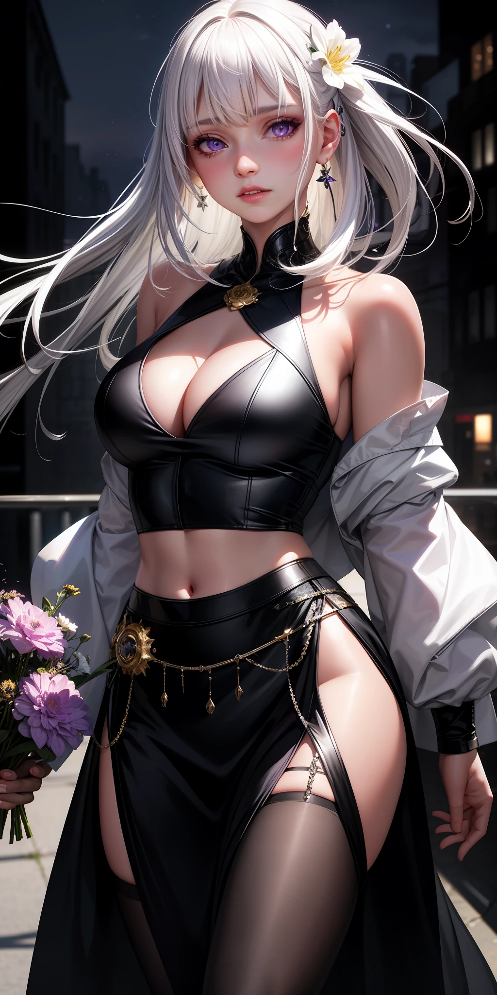 Realistic, 1girl, white hair, purple eyes, glowing eyes, cropped top, skirt, parted lips, blush, night, flowers, sun, sunlight, sexy