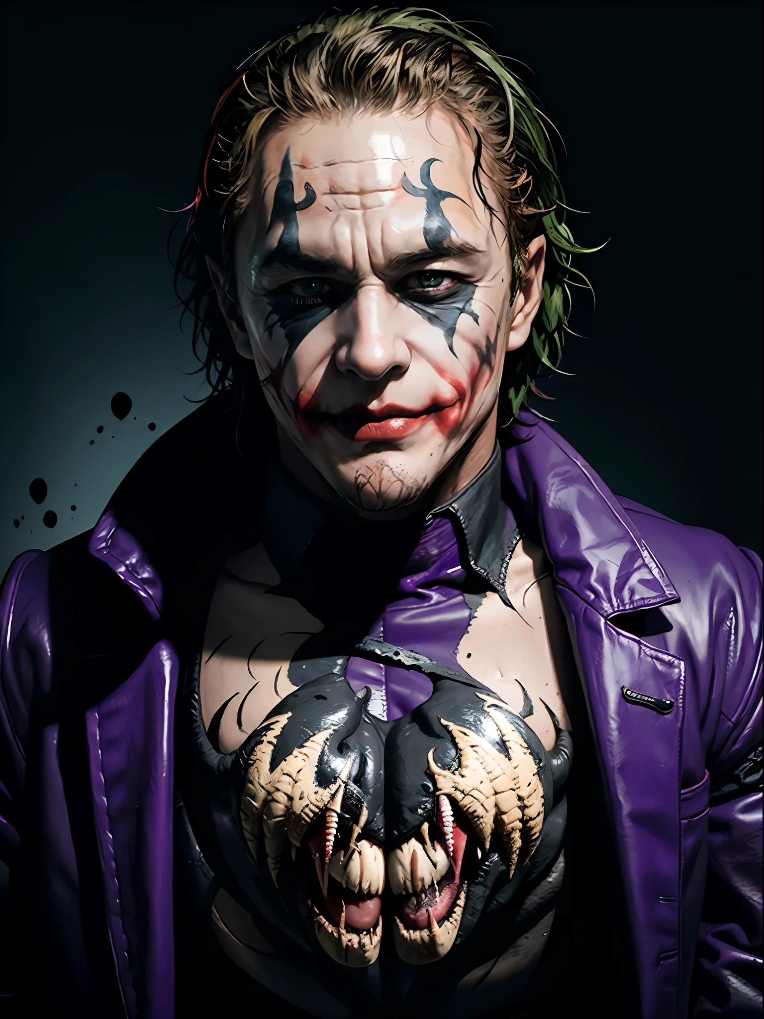 (joker:1.2) as (venom:1.2), (Heath Ledger face:1.2), muscular, purple and green tone, bad ass, official art, unity 8k wallpaper, ultra detailed, aesthetic, masterpiece, best quality, photorealistic, dark theme crazy smile, waist up