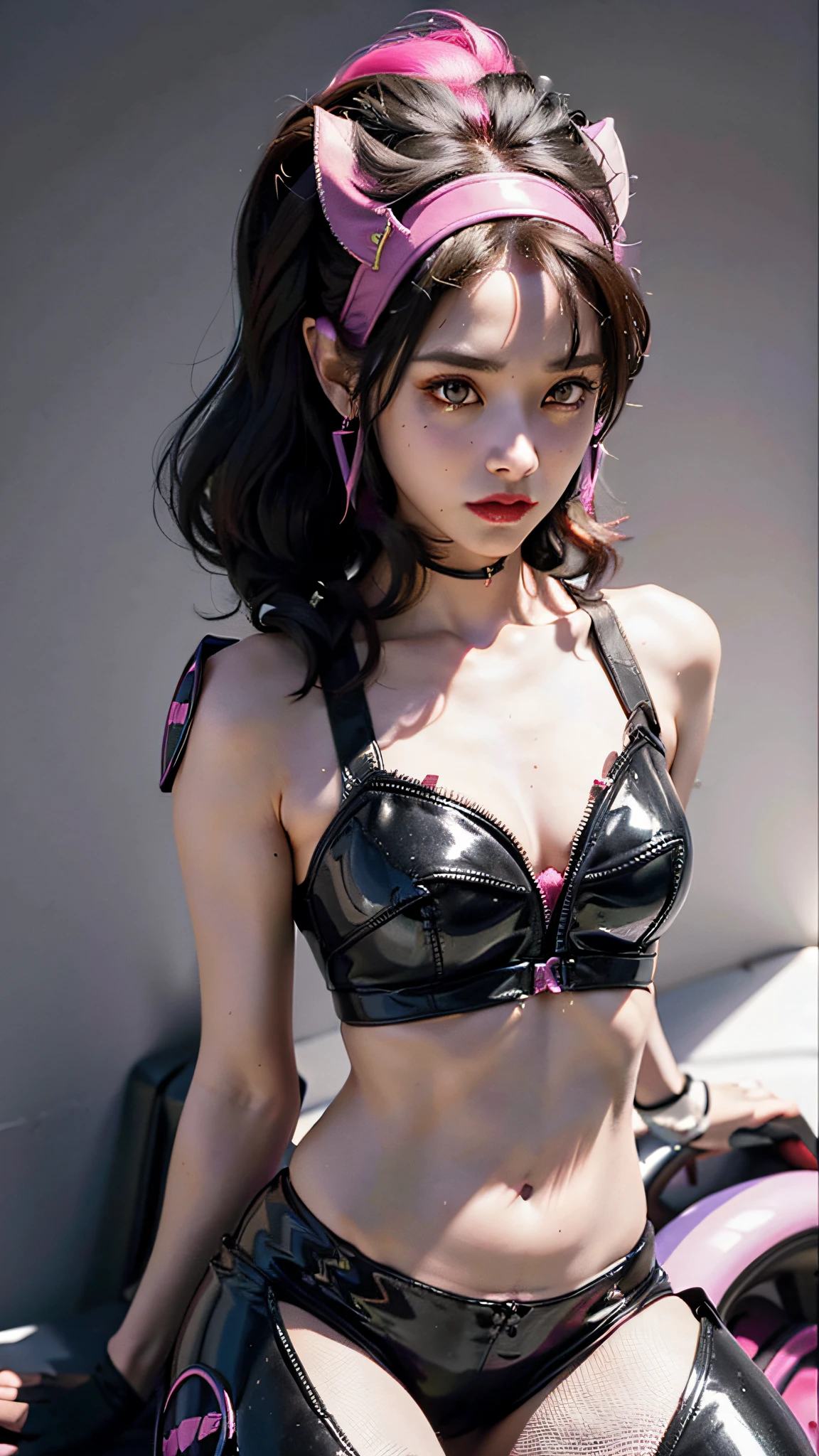 lots of personality, ridiculously 80s vibes, a crime-fighting duo :: a hybrid of lydia deetz and elvira as a mischievous funny quirky cheeky 1980s goth supervillain with long flowing dark hair :: a hybrid of nina dobrev and paris berelc as a cybernetic android dressed like a kitschy retro 1980s businesswoman with a short pink-colored 1980s bob hairstyle --ar 2:3 --no three people