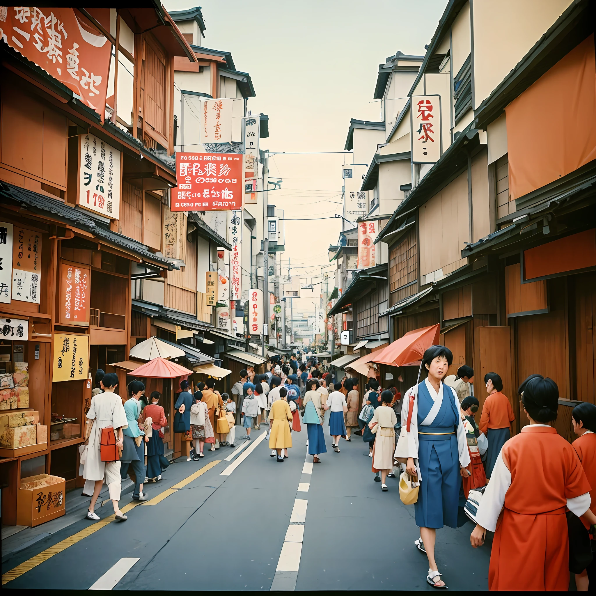 there are many people walking down the street in the city, japanese street, old japanese street market, japan 1980s, japanese downtown, vintage footage on tokyo streets, kodakchrome : : 8 k, japanese city, in a tokyo street, japanese town, japanese neighborhood, by Kiyohara Tama, 1960s color photograph, edo japan
