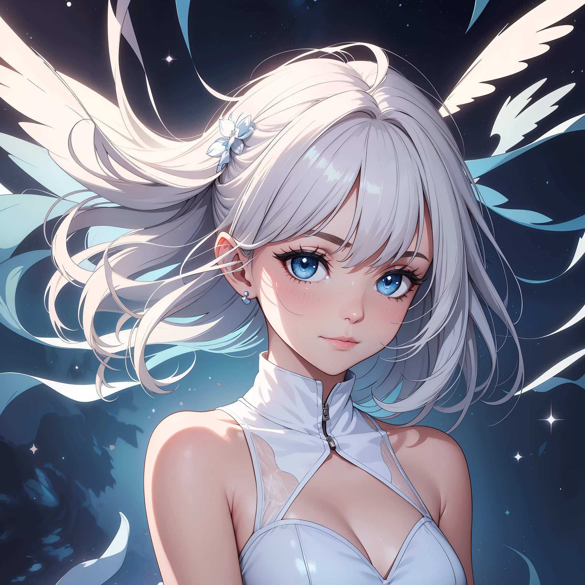 (masterpiece, top quality, highest quality, official art, beautiful and aesthetic: 1.2), (1 girl: 1.3),break,solo,angelic beautiful girl,break,big eyes,beautiful detailed eyes,blue colored eyes, long lashes, break, blush, break, high saturation, break, starry sky, colorful, sky, break, smile, break, bare shoulders, Mini dress, simple, short, white, sheer, transparent, transparent, shiny, glowing, break,)