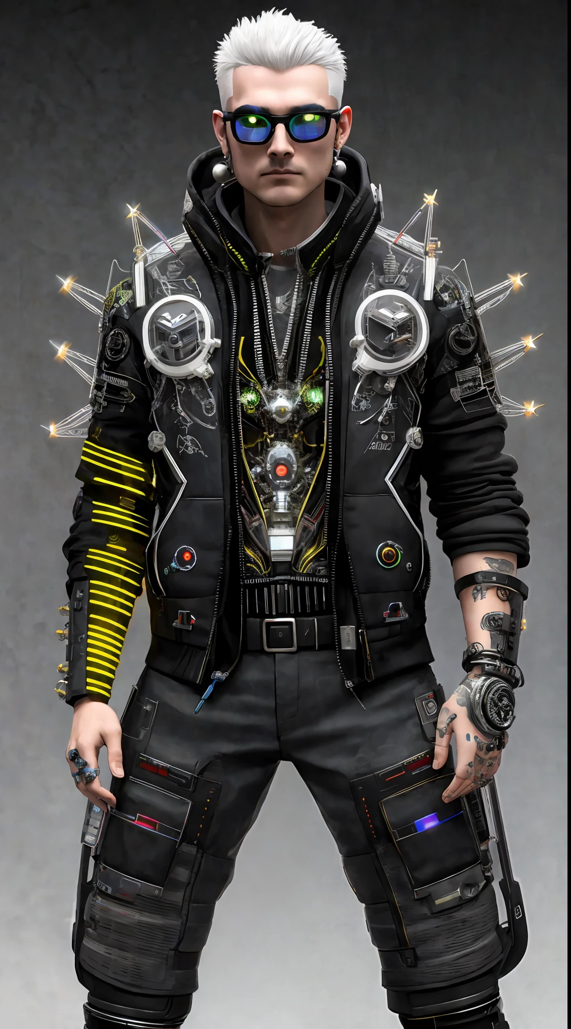 Complex 3d rendering ultra-detailed cyberpunk style, simulating 150mm shot, neon skin lines, colorful details, piercings, Art Nouveau fashion embroidery, intricate details, facial muscles, microchips, surreal, ultra-detailed, octane rendering, robotic arm, mechanical, rimless glasses, black back, male, men, standing frontal, white jacket, cinematic light effects, middle-aged, 35 years old, round face, solid color background, gray background