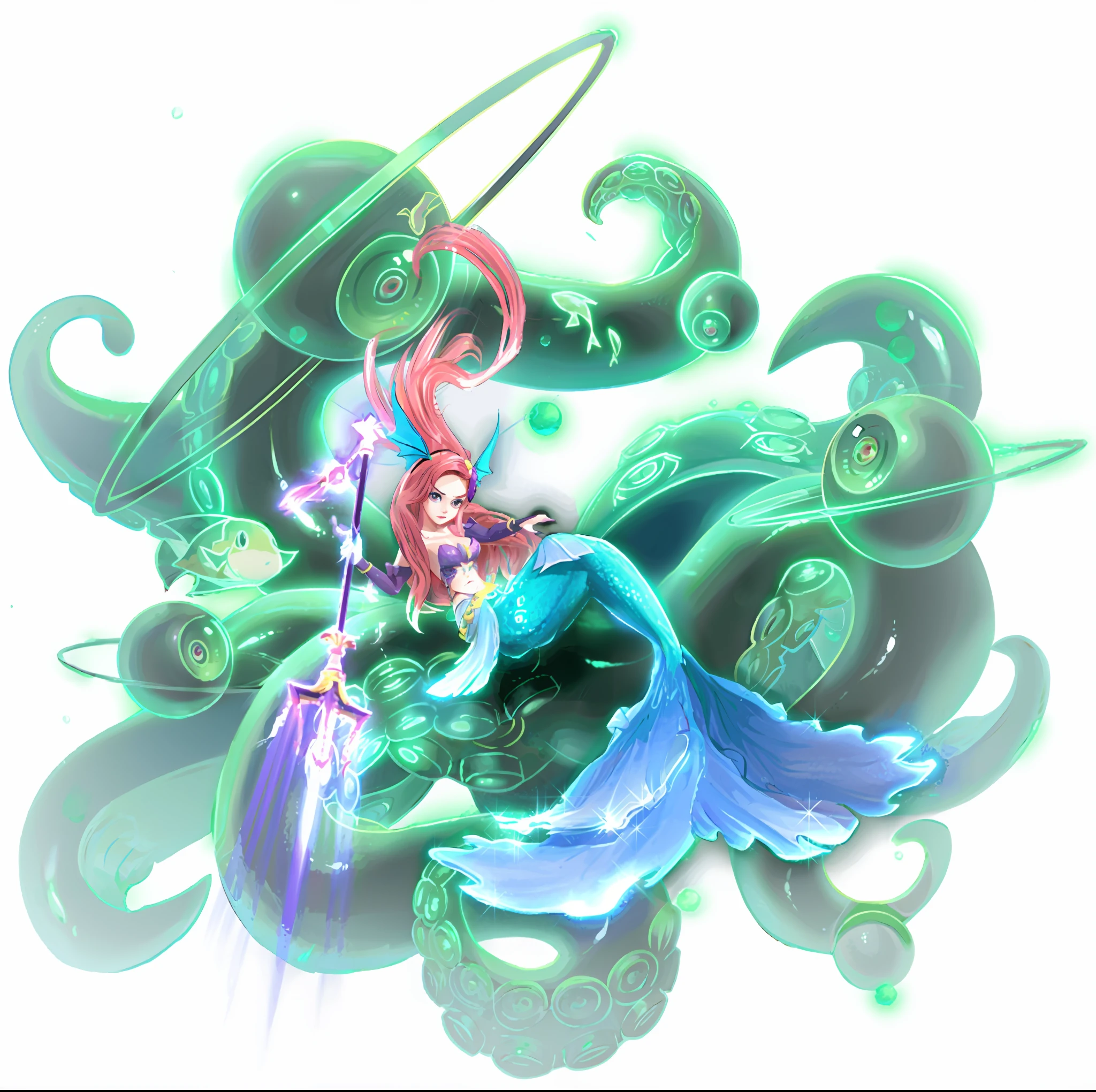 Mermaid, holding a harpoon weapon, wearing fins on her head, long pink hair, shell bodice, evil expression, beautiful HD graphics, 4k, Cthulhu