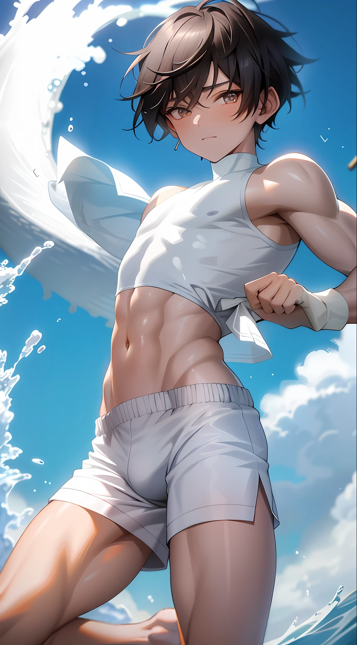 Short hair thin boy only wears white sexy translucent ultra-short shorts, shirtless, barefoot, convex crotch, a lot of water flowing down his body, muscles