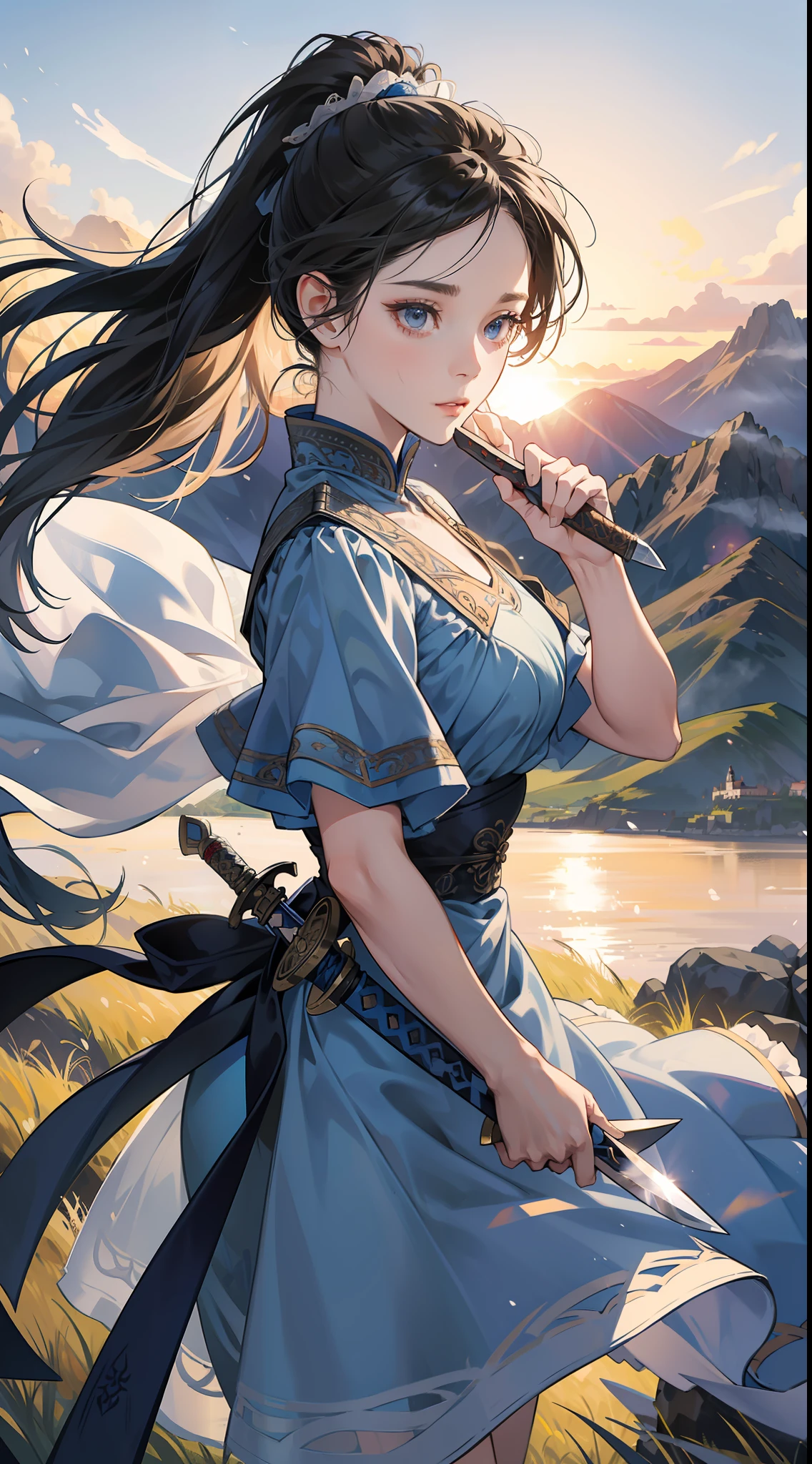Woman in tulle multi-layered embroidered han dress, (holding a tight knife) (blue sword qi), ponytail, gray eyeballs, surprised, texture details, glowing skin, sun, mountain top, wind surrounding, motion blur background, looking at the lens, backlight, 8k, super detail, masterpiece, best quality