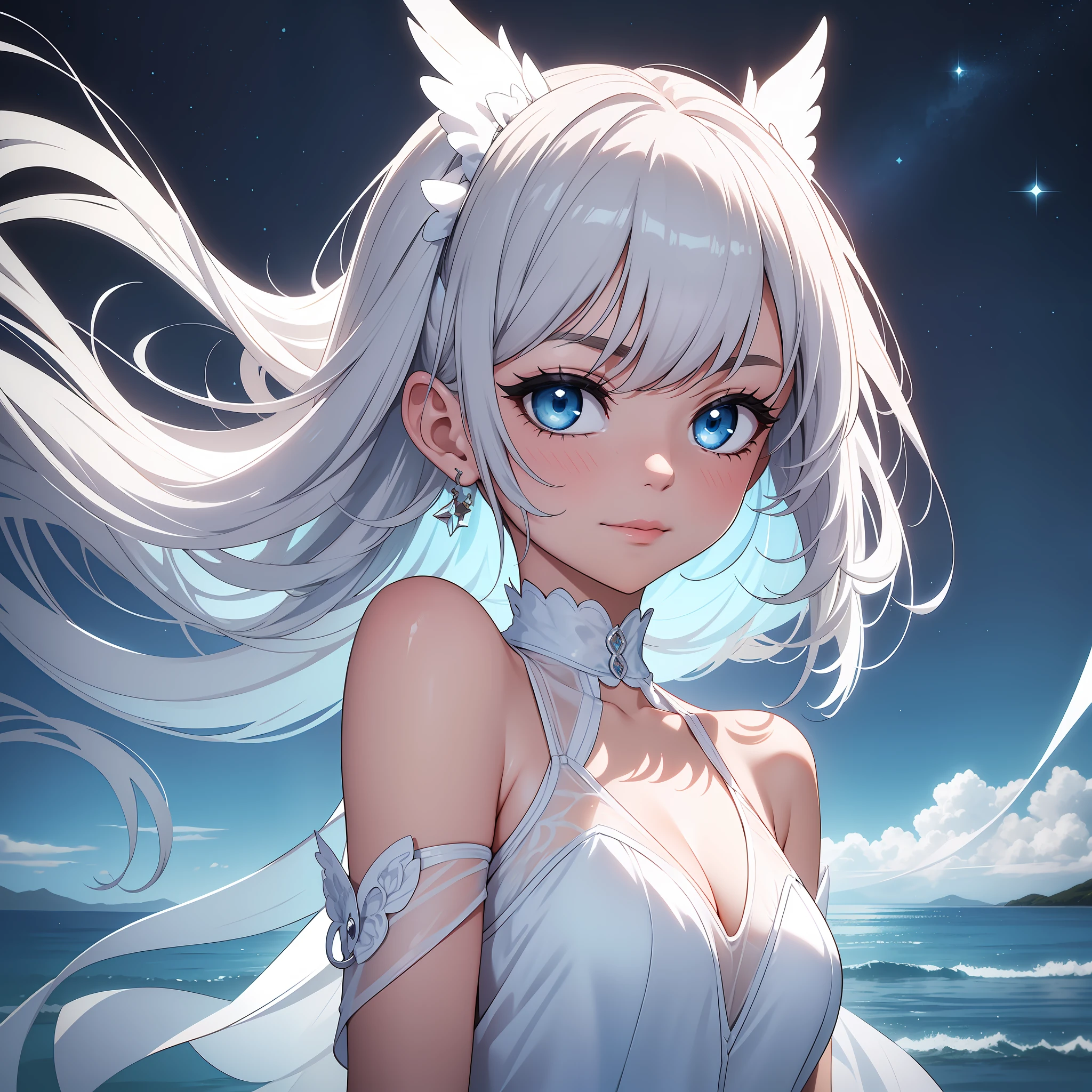 (masterpiece, top quality, highest quality, official art, beautiful and aesthetic: 1.2), (1 girl: 1.3),break,solo,angelic beautiful girl,break,big eyes,beautiful detailed eyes,blue colored eyes, long lashes, break, blush, break, high saturation, break, starry sky, colorful, sky, break, smile, break, bare shoulders, Mini dress, simple, short, white, sheer, transparent, transparent, shiny, glowing, break,)