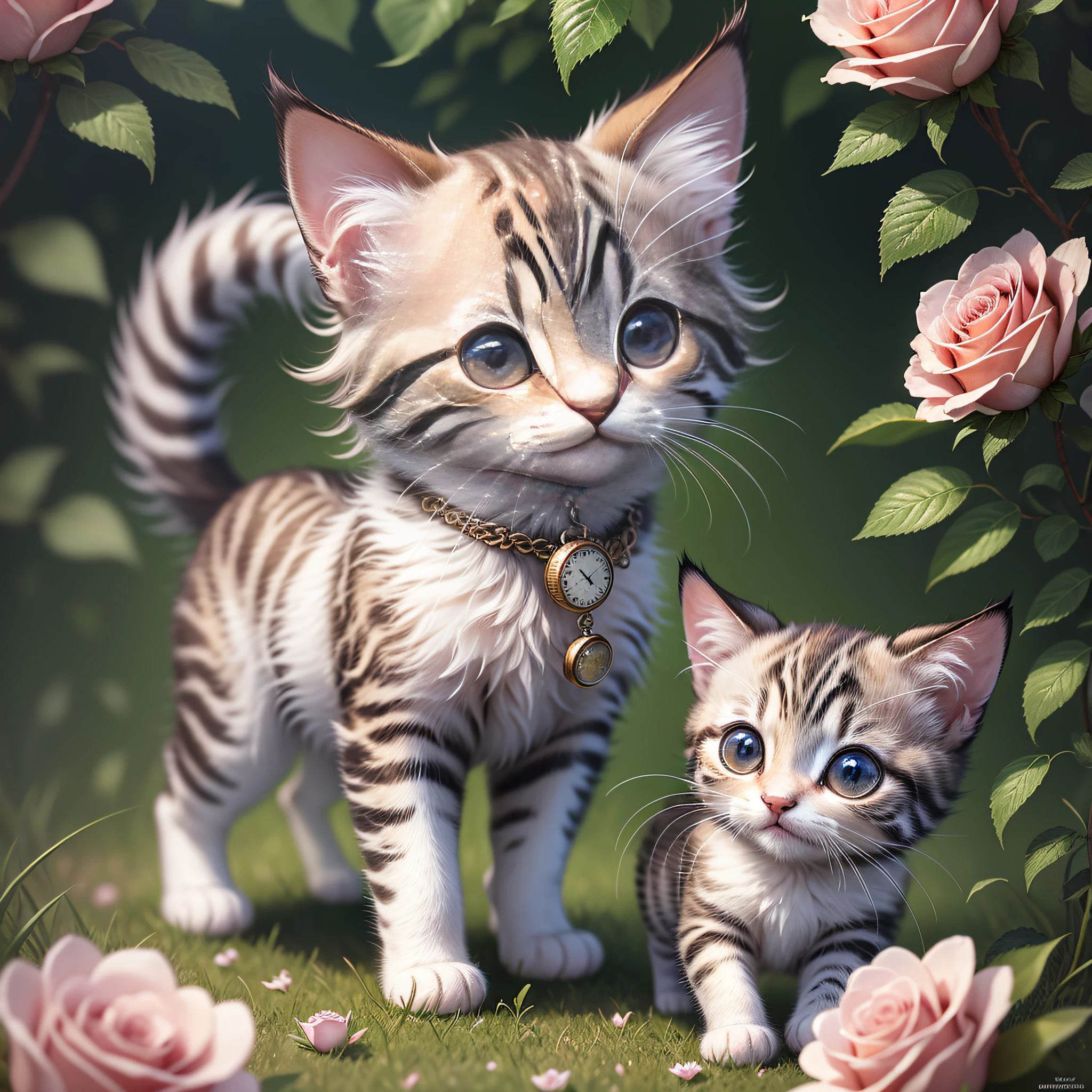 Pictures, photo-like quality, ultra-detailed CG art, adorable kitten surrounded by ethereal roses, kitten, one, non-human, bipedal, top quality, high resolution, intricate details, fantasy, cute animals, best expression, running on grass, standing on hind legs, holding a pocket watch with front paws