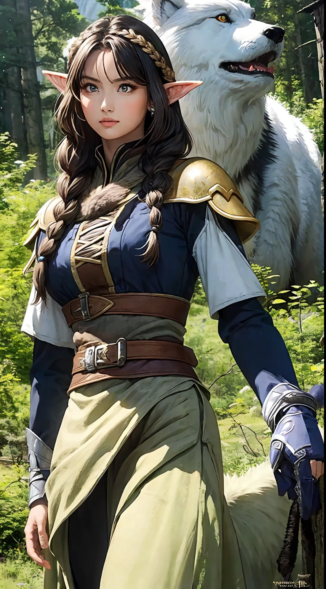 (masterpiece, best quality), 1girl, beautiful elf ranger, (massive dire wolf companion:1.3), patrolling the mystical mountain forest, detailed ranger armor, braided hair, perfect face, beautiful face, big gorgeous eyes, perfect slim fit body, serious, afternoon, bright colors
