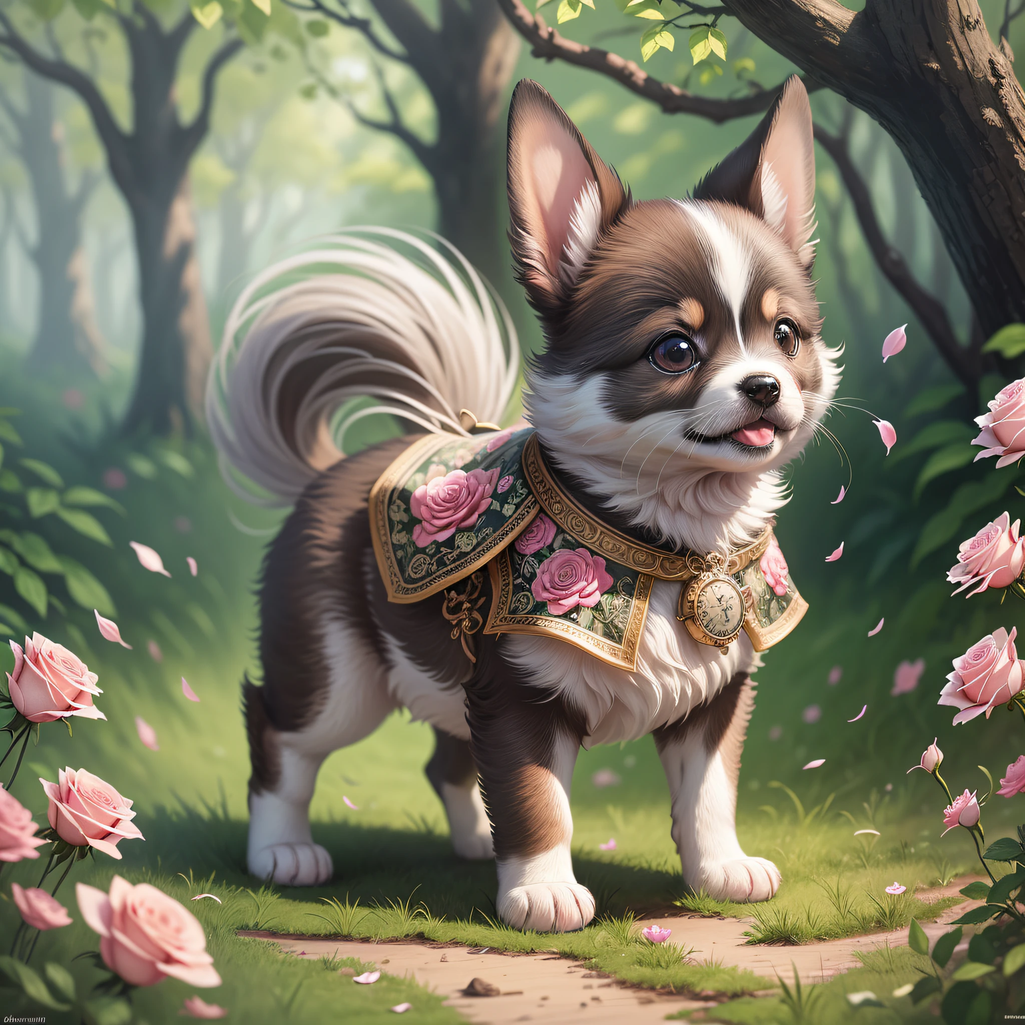 Pictures, photo-like quality, super detailed CG art, adorable puppy surrounded by ethereal roses, puppy, one, non-human, bipedal, highest quality, high resolution, intricate details, fantasy, cute animals, best expression, running on grass, standing on hind legs, holding a pocket watch with front paws