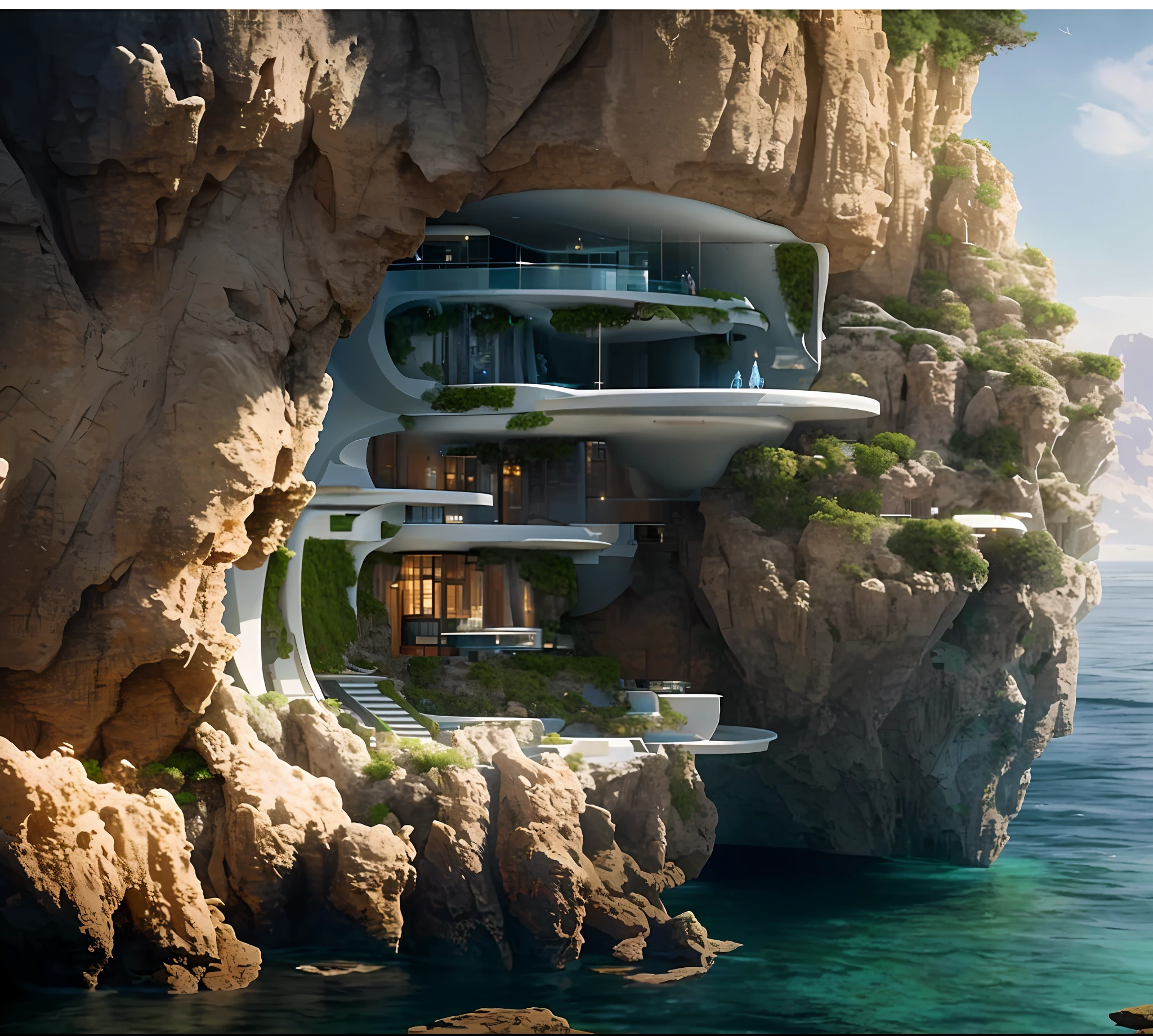 a modern futuristic design large cliff House's with a artificial waterfall and a pool in the middle, nature meets architecture, built around blue ocean, realistic beehive architecture, organic architecture, very close to real nature, breathtaking render, island with cave, stunning architecture, luxury architecture, realistic fantasy render, by Zha Shibiao, epic and stunning, architectural visualization, epic architecture, concept art. 8 k