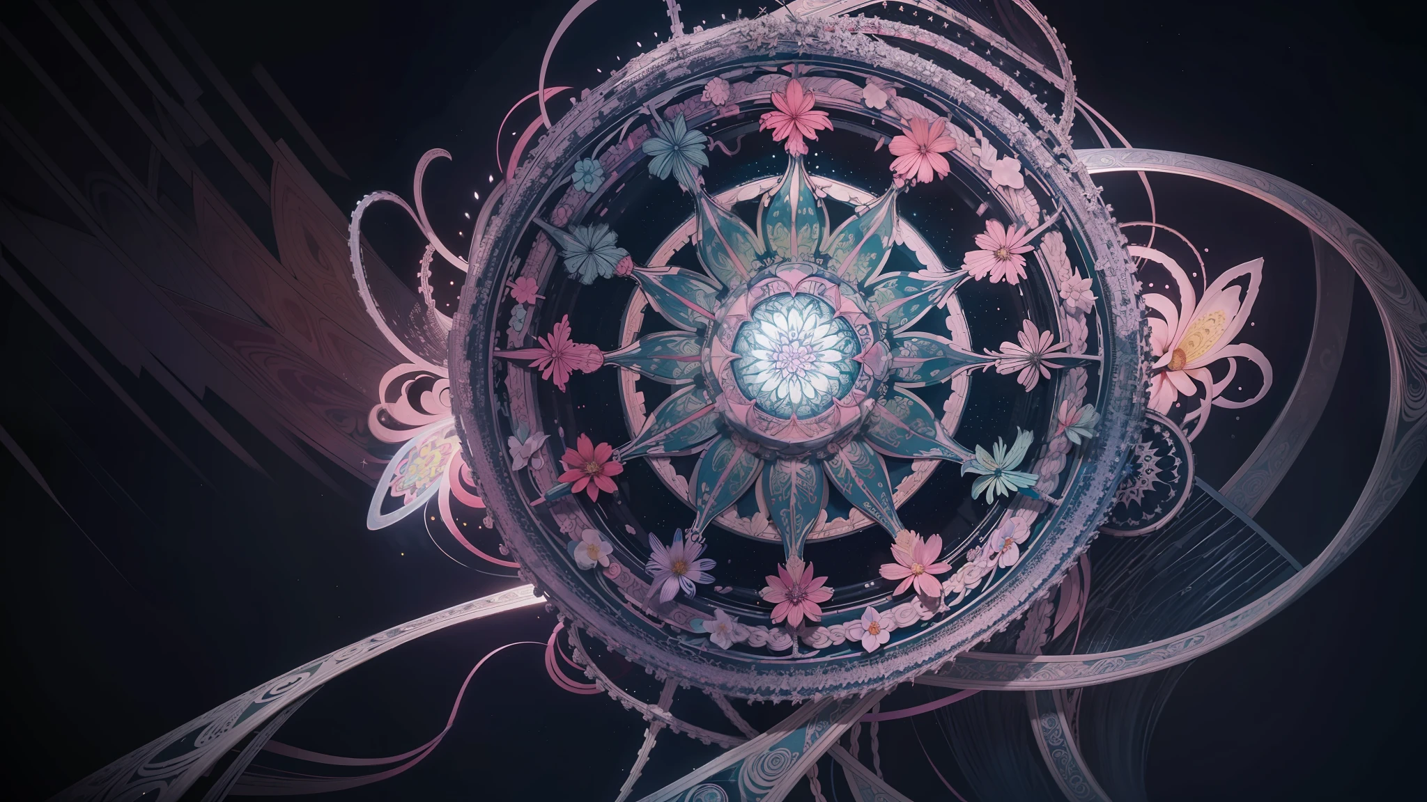 official art, unity 8k wallpaper, ultra detailed, beautiful and aesthetic, beautiful, masterpiece, best quality, (zentangle, mandala, tangle, entangle), (ecstasy of flower:1.2) , dynamic angle, cowboyshot, the most beautiful form of chaos, elegant, a brutalist designed, vivid colours, romanticism, atmospheric
