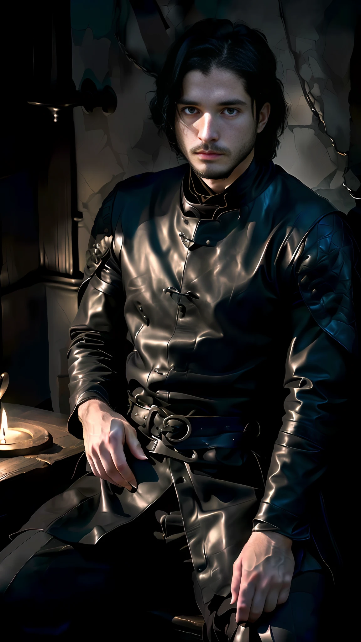 Arafard man in leather suit sitting on bench, Jon Snow, Game of Thrones male protagonist, Jon Snow black leather armor, leather robe, black leather warrior costume, wearing black medieval robes, wearing leather assassin armor, fantasy leather costume, black leather robe! Intricate, wearing leather armor, in leather armor, black leather armor, leather clothing, wearing leather armor vest, armor under leather clothing
