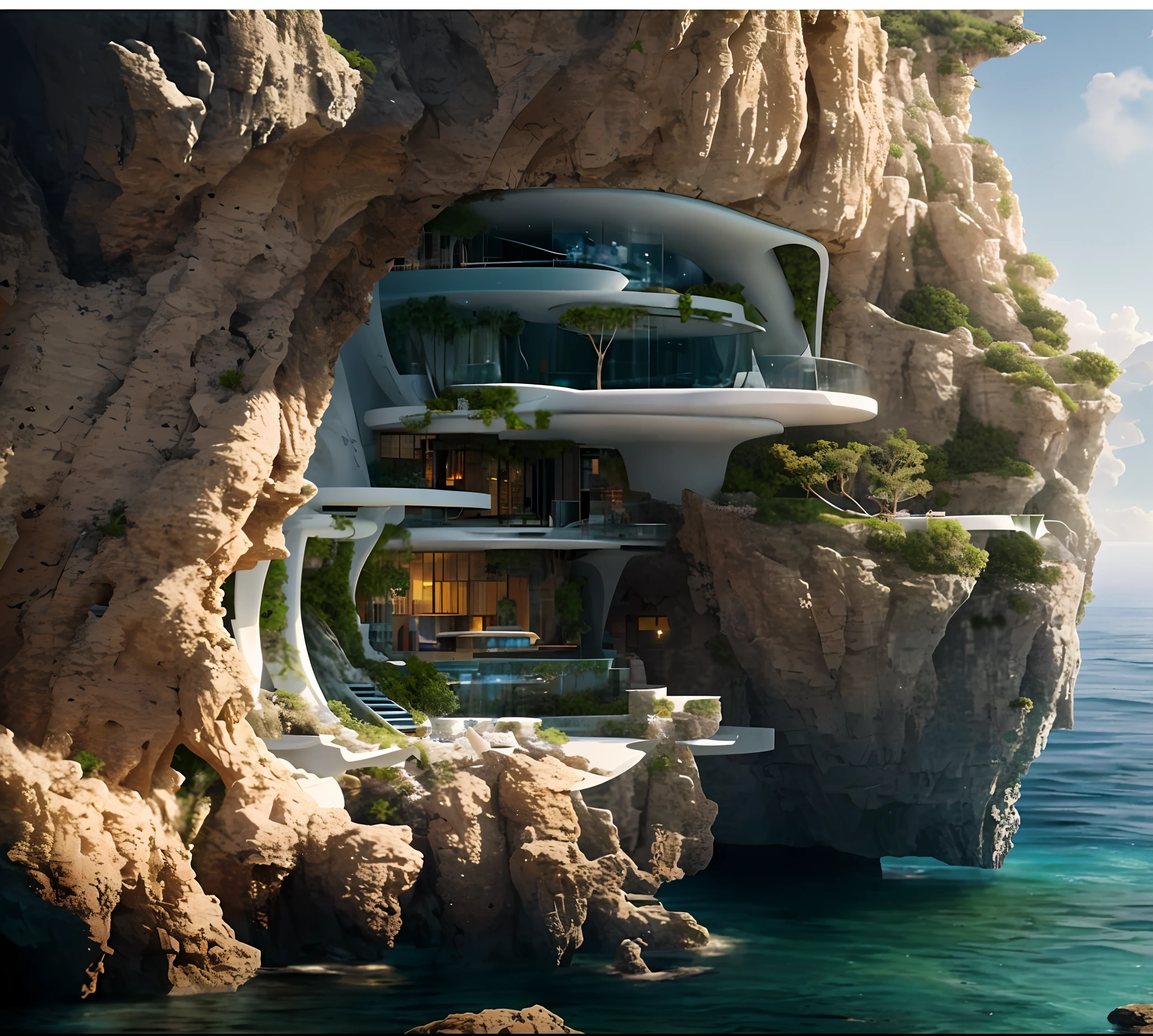 a modern futuristic design large cliff House's with a artificial waterfall and a pool in the middle, nature meets architecture, built around blue ocean, realistic beehive architecture, organic architecture, very close to real nature, breathtaking render, island with cave, stunning architecture, luxury architecture, realistic fantasy render, by Zha Shibiao, epic and stunning, architectural visualization, epic architecture, concept art. 8 k