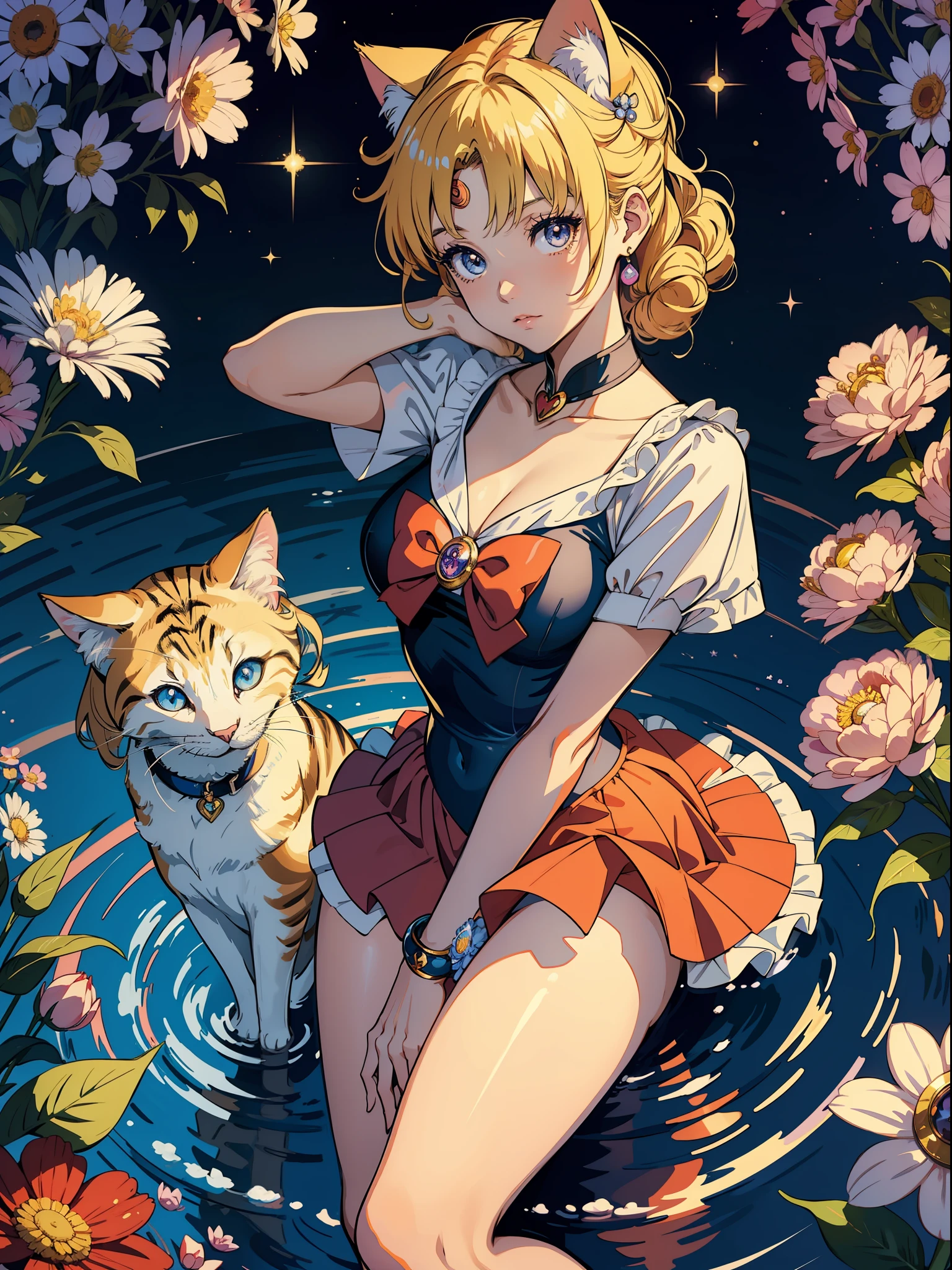 Masterpiece, good product, Sailor Moon, two-dimensional, cute girl, cat surrounding, among flowers, big eyes, blonde hair