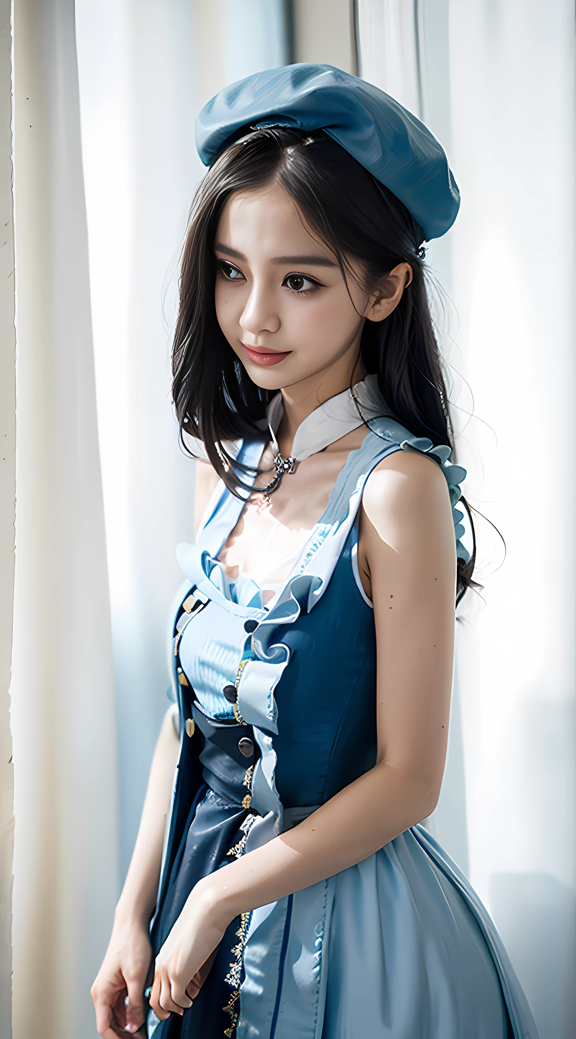 [(white background:1.4)::5], [(transparent background:1.3)::5],beret,\\masterpiece,best quality,extremely detailed CG unity 8k wallpaper,white hair,long_hair,hair glass flower,Cyan eyes,small breasts,ink and wash painting,blue theme,trench_coat,glass land,1girl,flat shading,upper body,bare shoulders,beautiful eyes,upper body,(****ta dress:1.5), a Portrait of 1girl, white backgr,watercolor senery