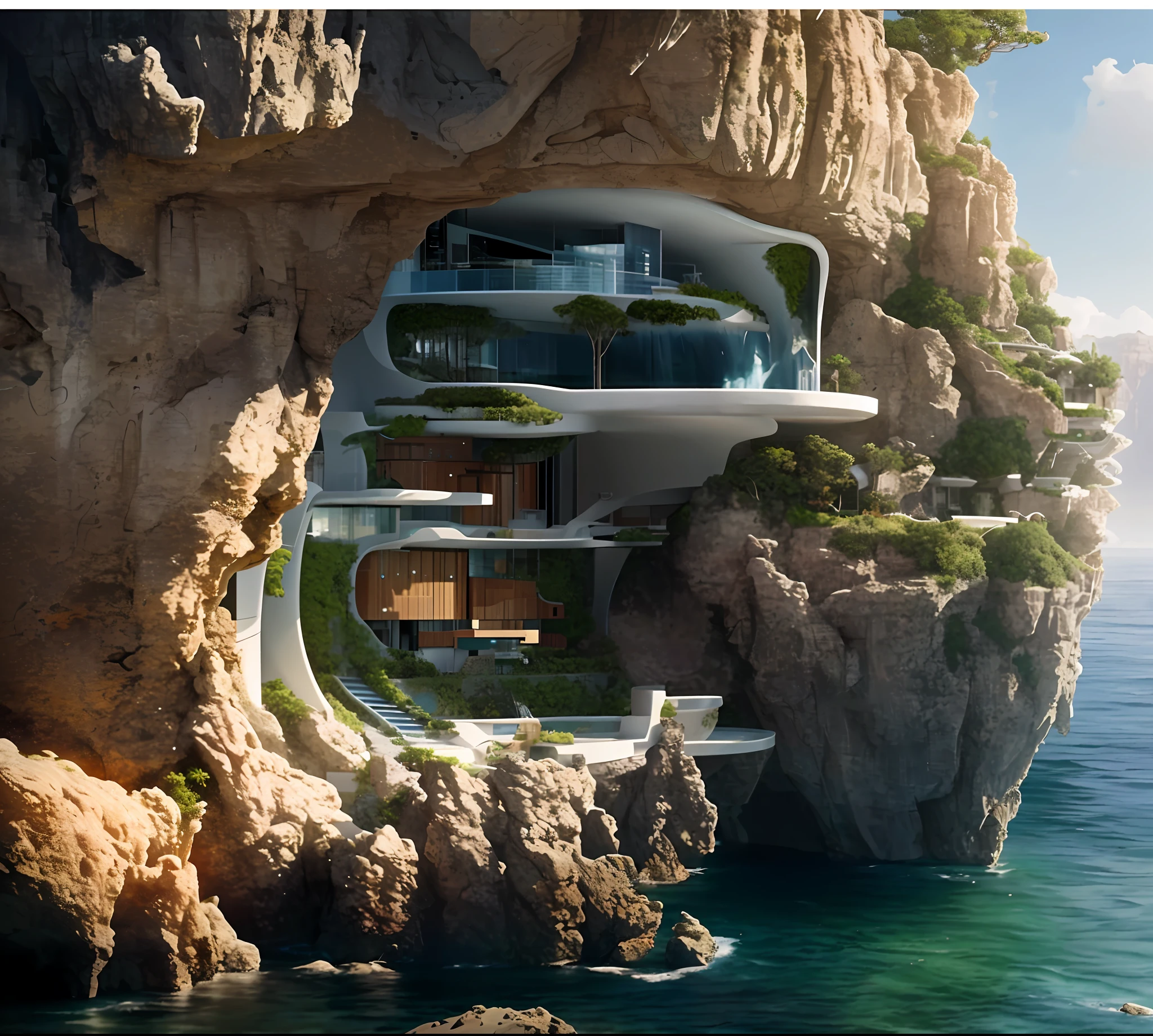 a modern futuristic design large cliff House's with a artificial waterfall and a pool in the middle, nature meets architecture, built around blue ocean, realistic beehive architecture, organic architecture, very close to real nature, breathtaking render, island with cave, stunning architecture, luxury architecture, realistic fantasy render, by Zha Shibiao, epic and stunning, architectural visualization, epic architecture, concept art. 8 k