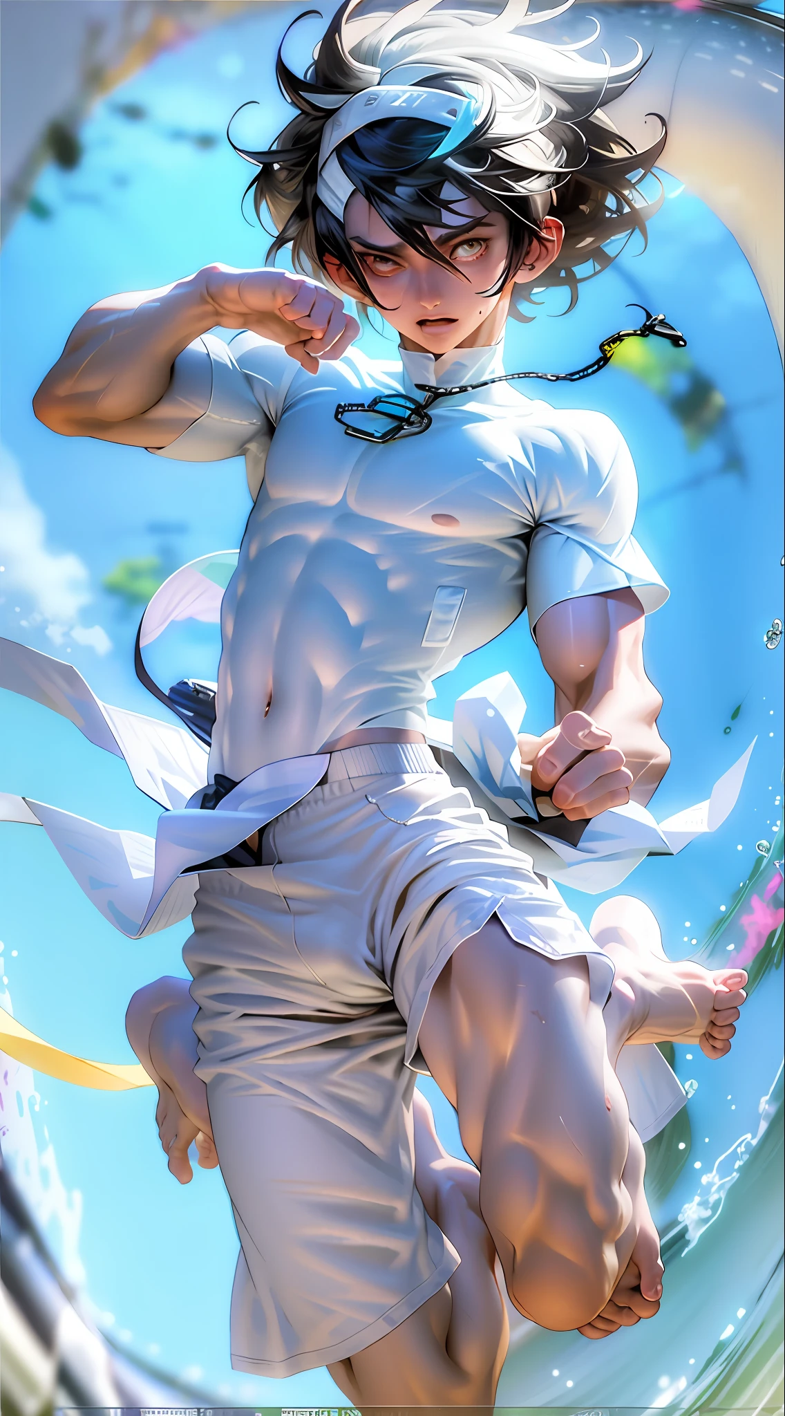 The thin man wears only white translucent ultra-short shorts, shirtless, barefoot, and a bulging crotch