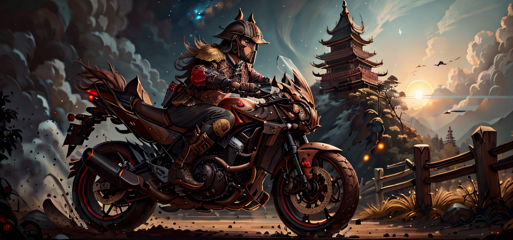 JavaPunkAI, man, wearing chinese-style armor, ((wearing dark brown helmet)), riding motorcycle, wearing helmet, on mountain road, bright sunset on ocean in background, fast moving, motion blur, backlight, low profile, silhouette, warm color, movie composition, best quality, 4k, 8k, super high resolution, sharp focus, intricate texture, 200mm f4 lens