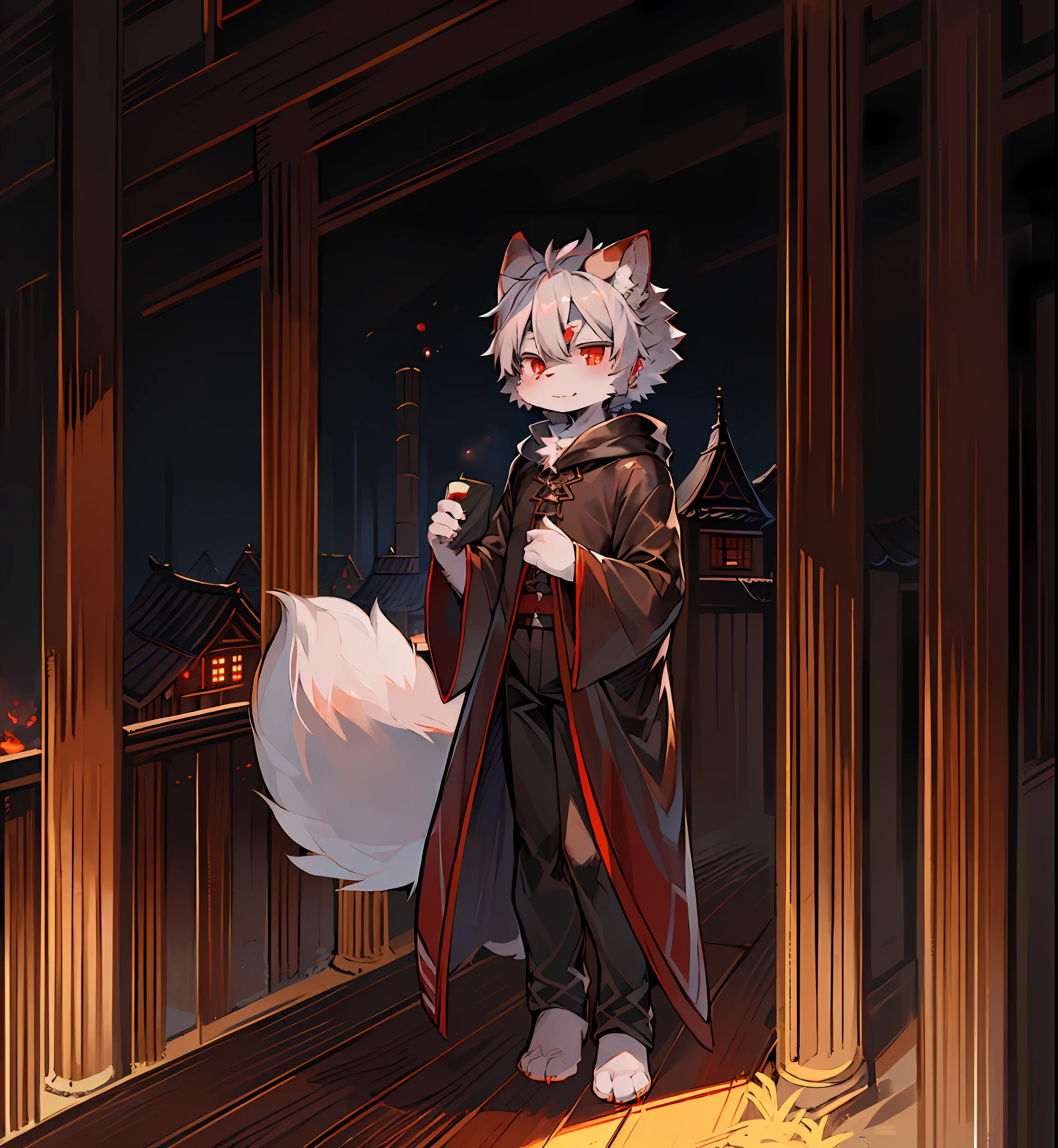 (Dark Environment: 0.8), Masterpiece, High Quality, Abstract Res, Digital Painting\(artwork\), by Dagasi, Yupa, Kiyosan, (Anthro, Fluffy Fur, Character Focus: 1.1), Anthro Male Wolf, Short Hair, portrait , bright eyes, panorama, character focus. (Background: 0.7), Solo, Furry, Hairy Male, Male Focus, Anthr, (Full Body Fur, Fluffy Tail, Gray Fur, Red Eyes, Silver-Gray Hair: 1.2), (Long Canid, Holding Red Bamboo Jane, Black Cloak: 1.2), (Exterior, Night, Burning Wooden House)