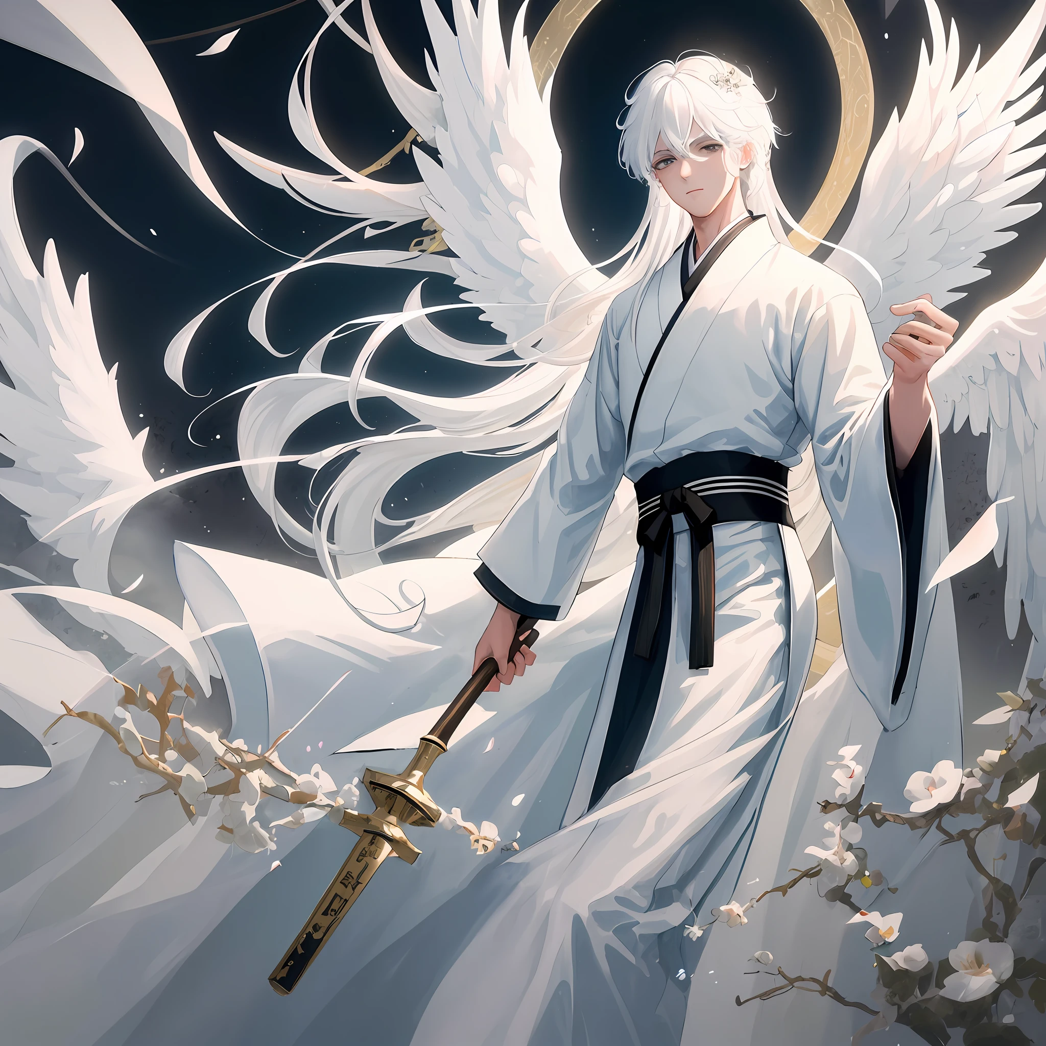 ((masterpiece)), ((best quality)), ((ultra-detailed)), illustration, a young man with white hair and black eyes dressed as an angel, wearing a white hanfu and facing straight towards the viewer. The background is a fantasy composition of a set of giant angel wings sprouting from his back