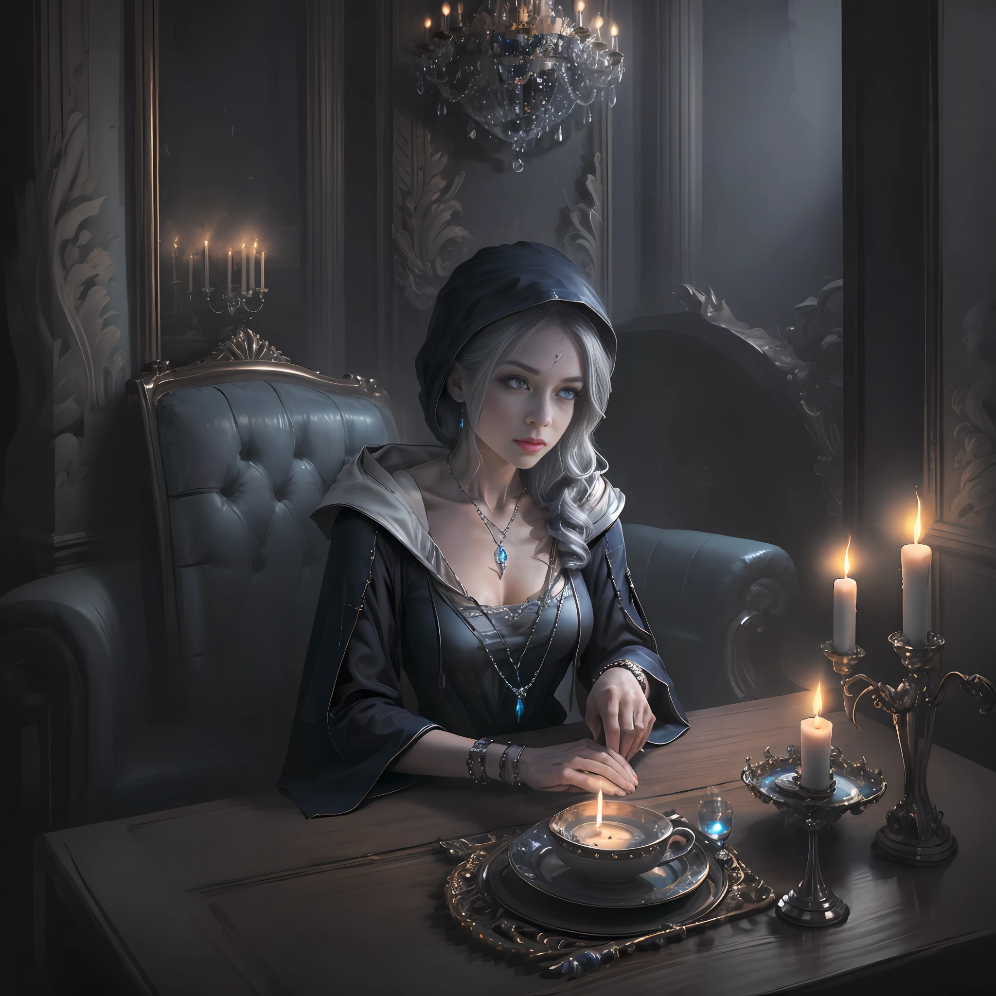 Masterpiece, Best Quality, 8k, High Detail, Ultra Detail, Night, A Lady Sitting in the middle of a bench in the living room, dining room and kitchen with semi-open layout, blue candlelight, 1lady, (black robe with hood), blue eye shadow and blush, (silver chain, white crystal pendant on wrist), unlit chandelier, leather sofa, with one main piece and two sides, (marble coffee table), (blue candle fire), semi-open layout of living room, dining room, kitchen, The candlelight casts creepy colors