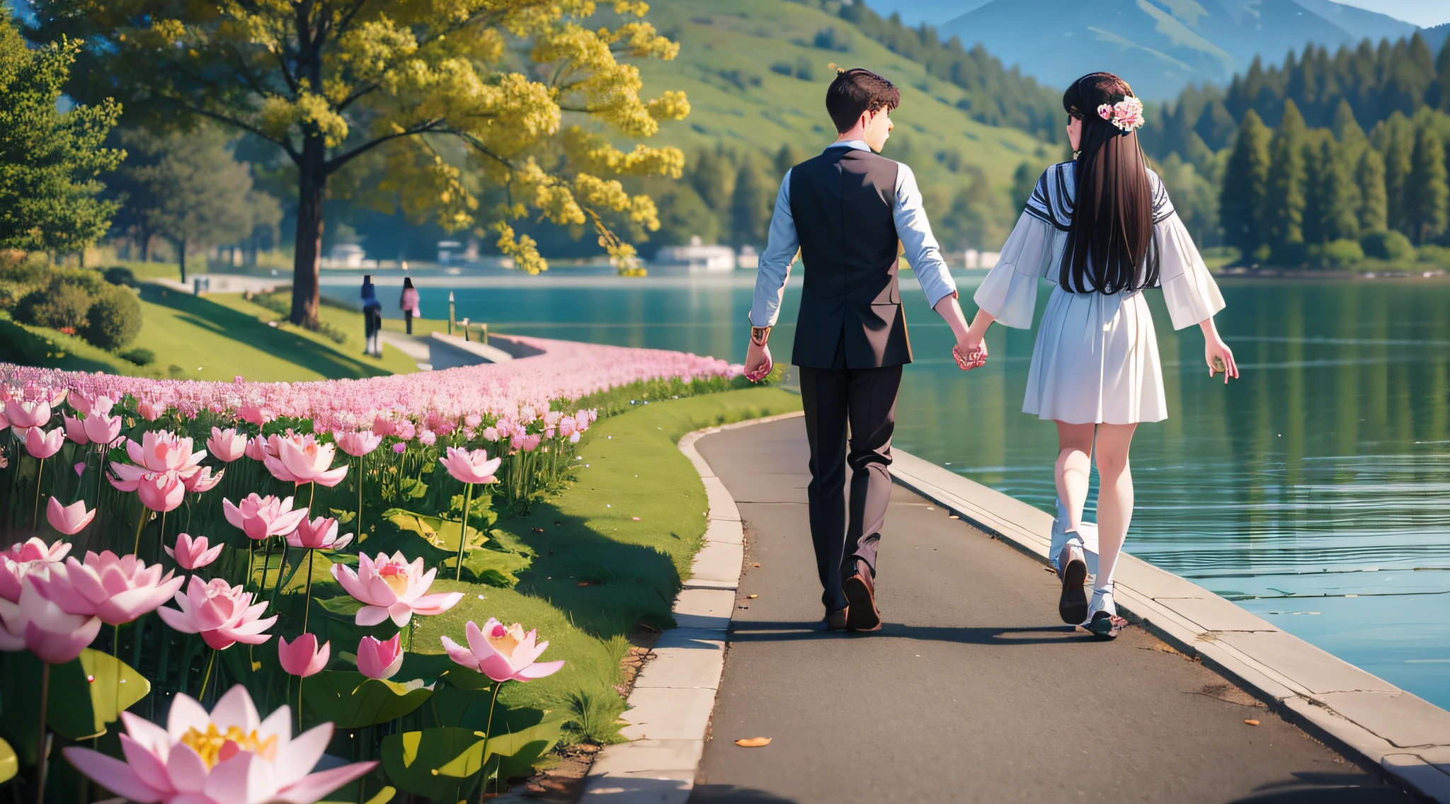 Men and women, holding hands, lakeside, lotus, walking, happy, warm