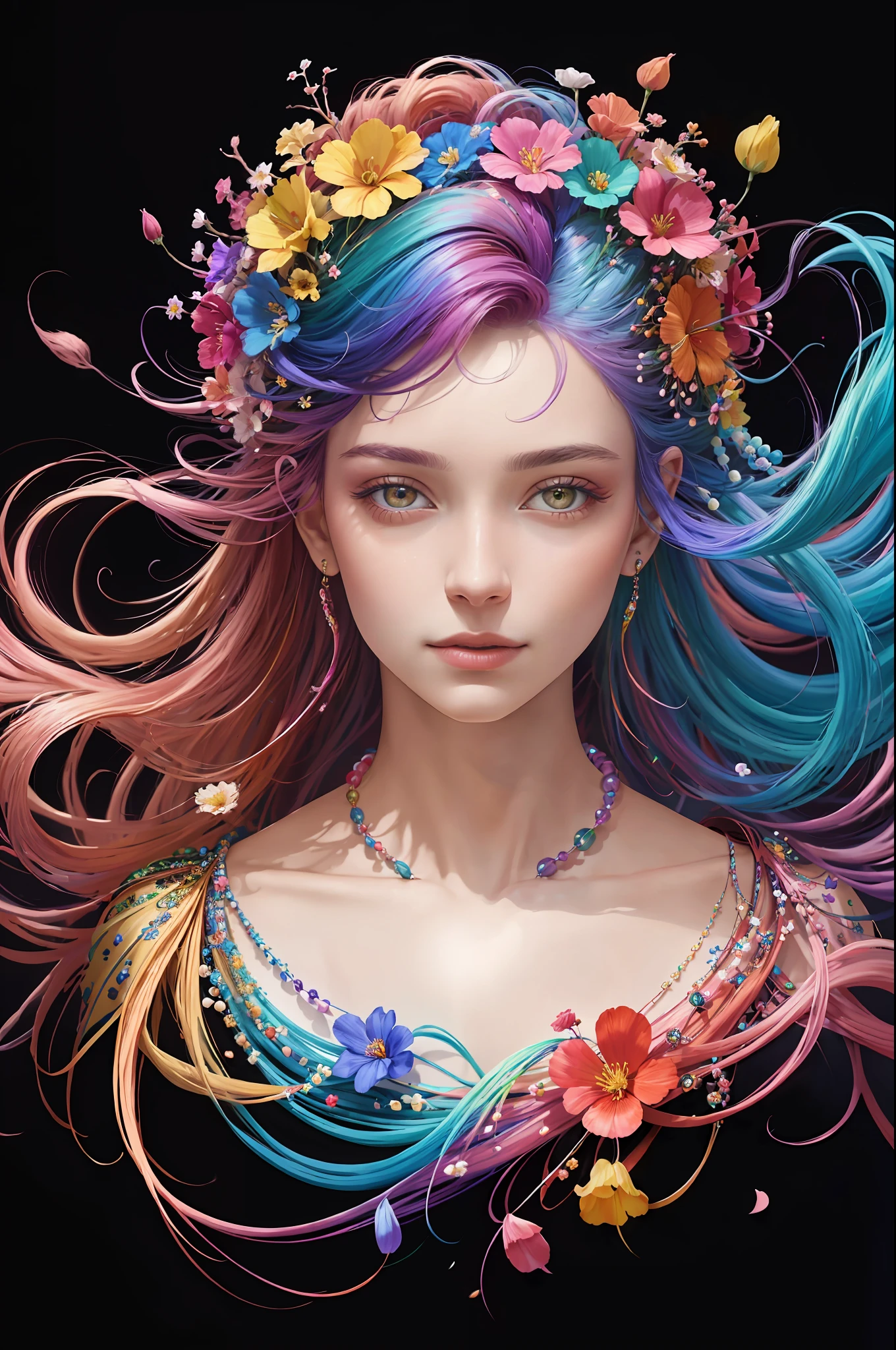 brightly colored hair with flowers and beads on top of it, colorfull digital fantasy art, beautiful art uhd 4 k, gorgeous digital art, beautiful digital artwork, 4k highly detailed digital art, beautiful digital art, stunning digital art, realistic digital art 4 k, realistic digital art 4k, beautiful gorgeous digital art, art of alessandro pautasso, colorful digital painting