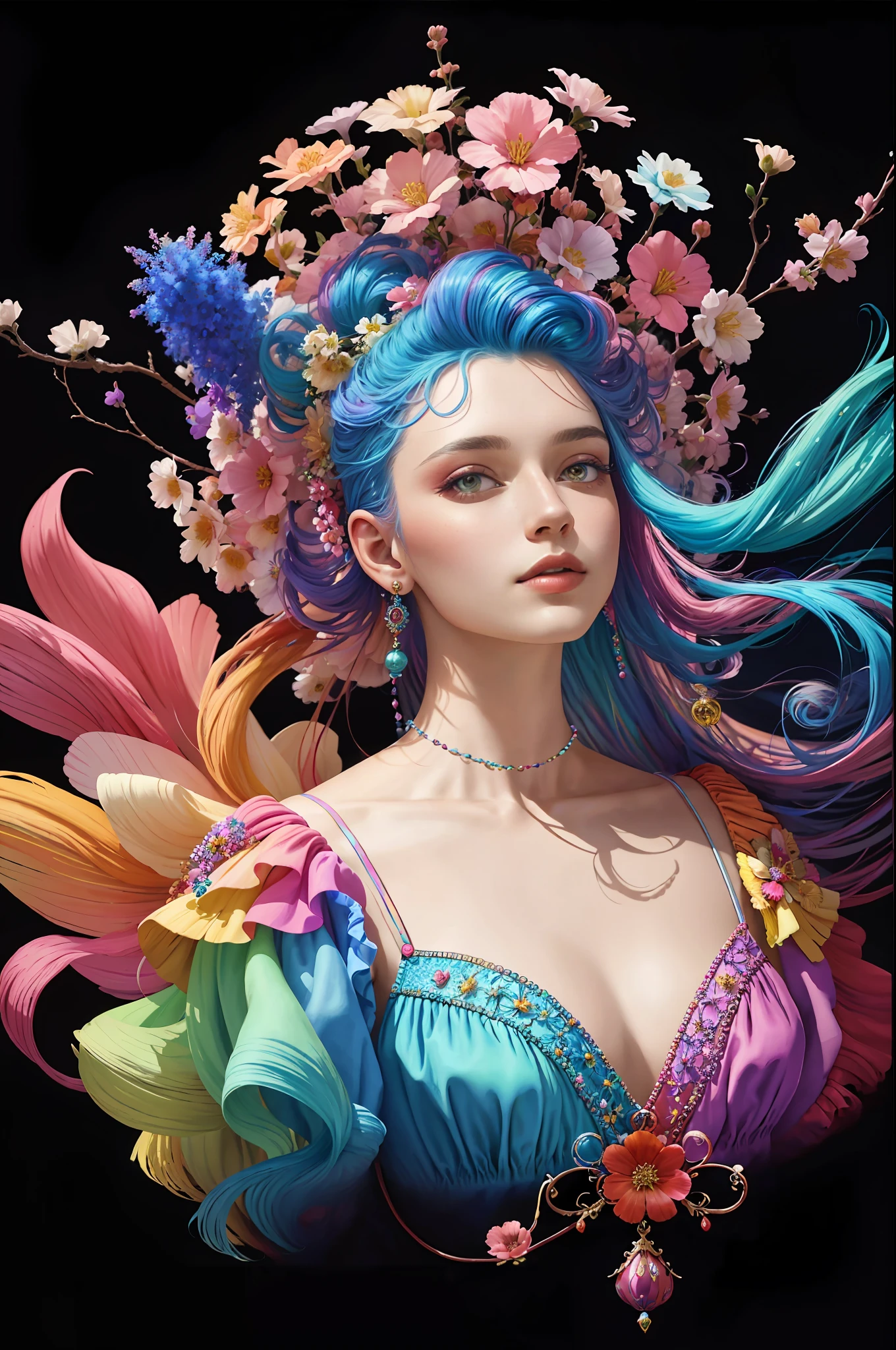 brightly colored hair with flowers and beads on top of it, colorfull digital fantasy art, beautiful art uhd 4 k, gorgeous digital art, beautiful digital artwork, 4k highly detailed digital art, beautiful digital art, stunning digital art, realistic digital art 4 k, realistic digital art 4k, beautiful gorgeous digital art, art of alessandro pautasso, colorful digital painting