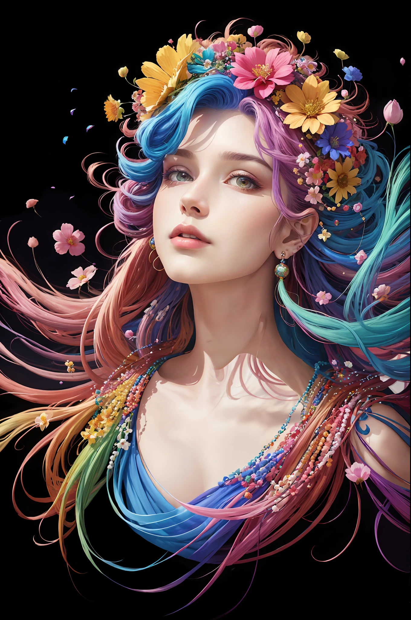 brightly colored hair with flowers and beads on top of it, colorfull digital fantasy art, beautiful art uhd 4 k, gorgeous digital art, beautiful digital artwork, 4k highly detailed digital art, beautiful digital art, stunning digital art, realistic digital art 4 k, realistic digital art 4k, beautiful gorgeous digital art, art of alessandro pautasso, colorful digital painting
