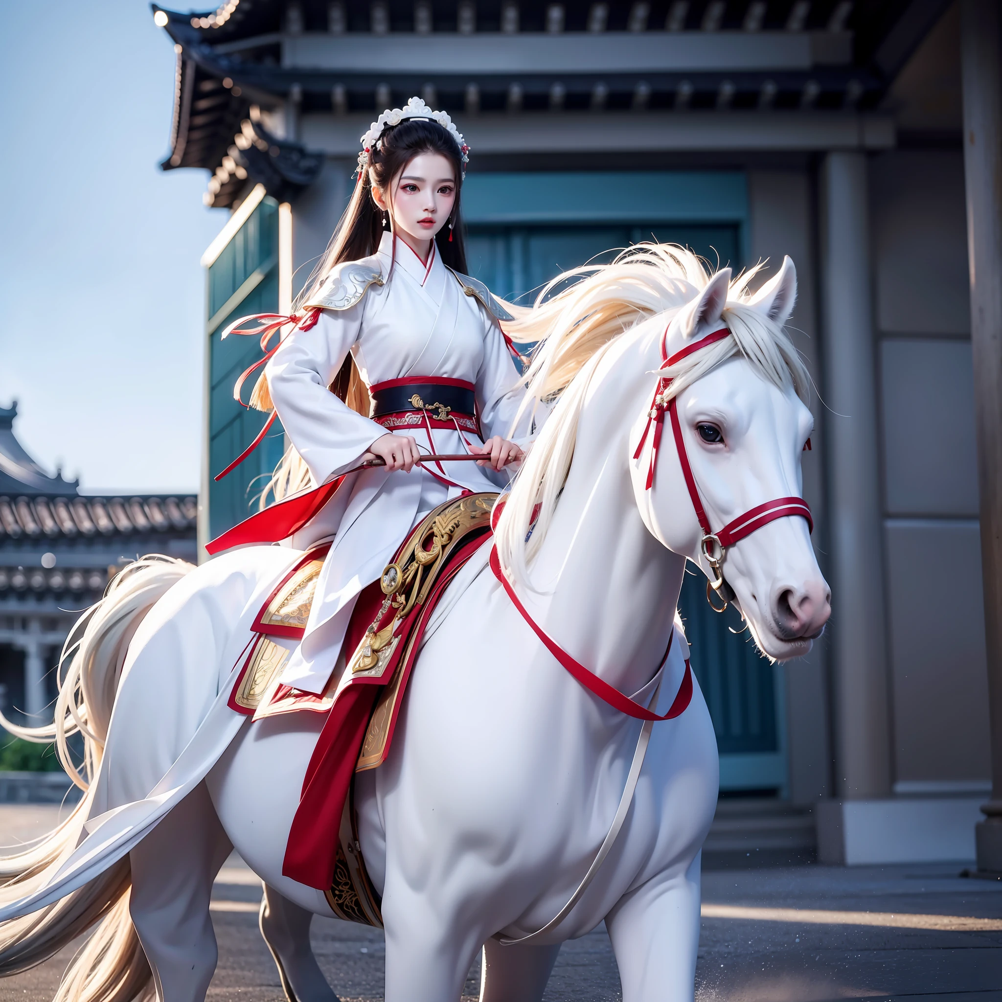 Wuxia, white horse, white robe, white armor, ancient architecture, Chinese beautiful man