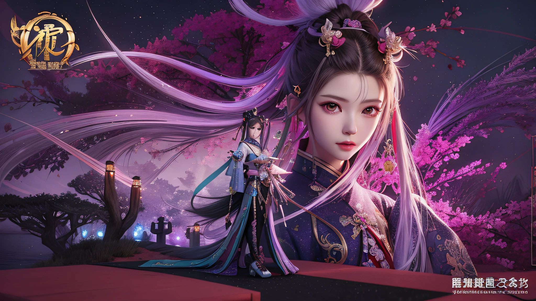 anime character with long hair and a sword in front of a purple background, 2. 5 d cgi anime fantasy artwork, inspired by Ma Shi, very beautiful cyberpunk samurai, cyberpunk geisha, wuxia, g liulian art style, inspired by Wu Bin, beautiful digital artwork, digital fantasy art ), digital art fantasy art, chinese fantasy