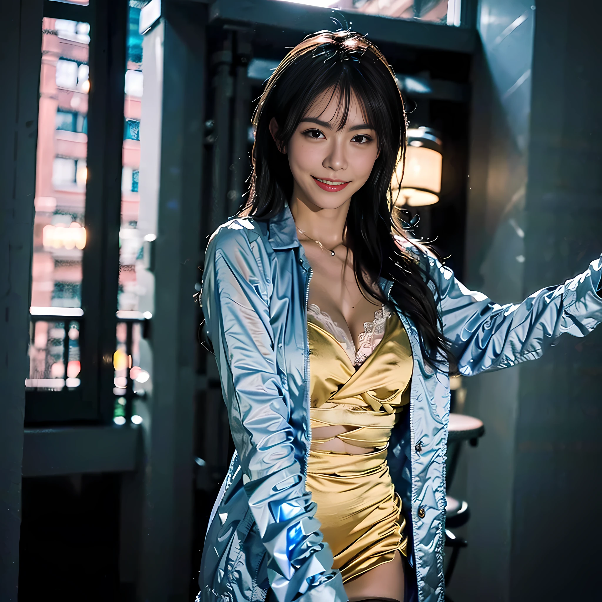 nsfw, public crowd, Tokyo, black lingerie, coat, (8k, RAW photo, best quality, masterpiece:1.2), (realistic, photo-realistic:1.37), cityscape, morning, rain, wet, professional lighting, photon mapping, radiosity, physically-based rendering, , extremely detailed eyes and face, water eye, embarrassed, smile