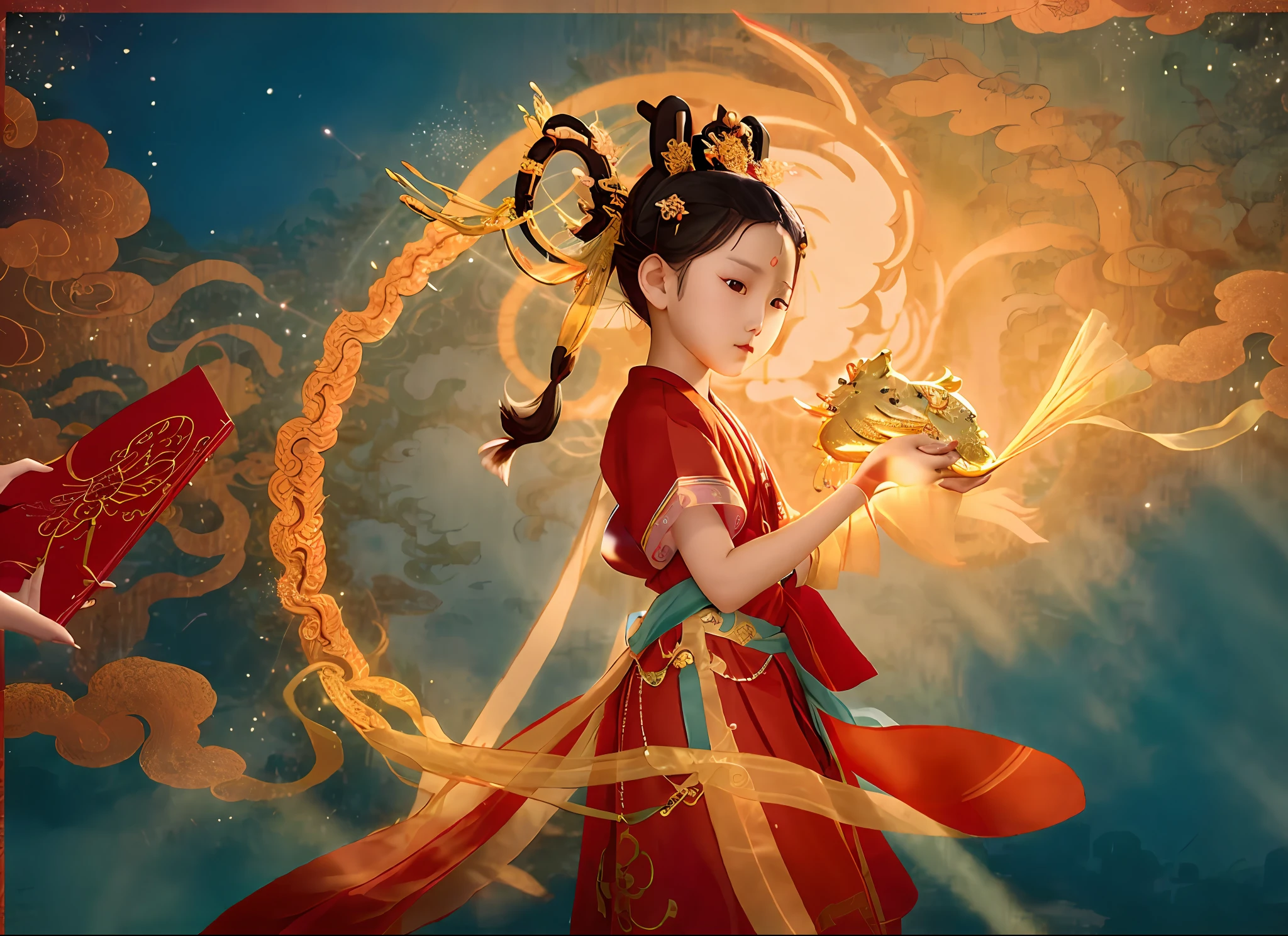 A boy dressed in red holding a cartoon picture of a teddy bear, Akira in Chinese mythology, "Raya and the Last Dragon", etc., inspired by Park Hua, he has two sky-piercing braids, Nezha, Nezha: The Birth of a Demon Child, in the style of Disney animation, inspired by Li Tang, Human-Dragon Fusion, inspired by Shang Xi,