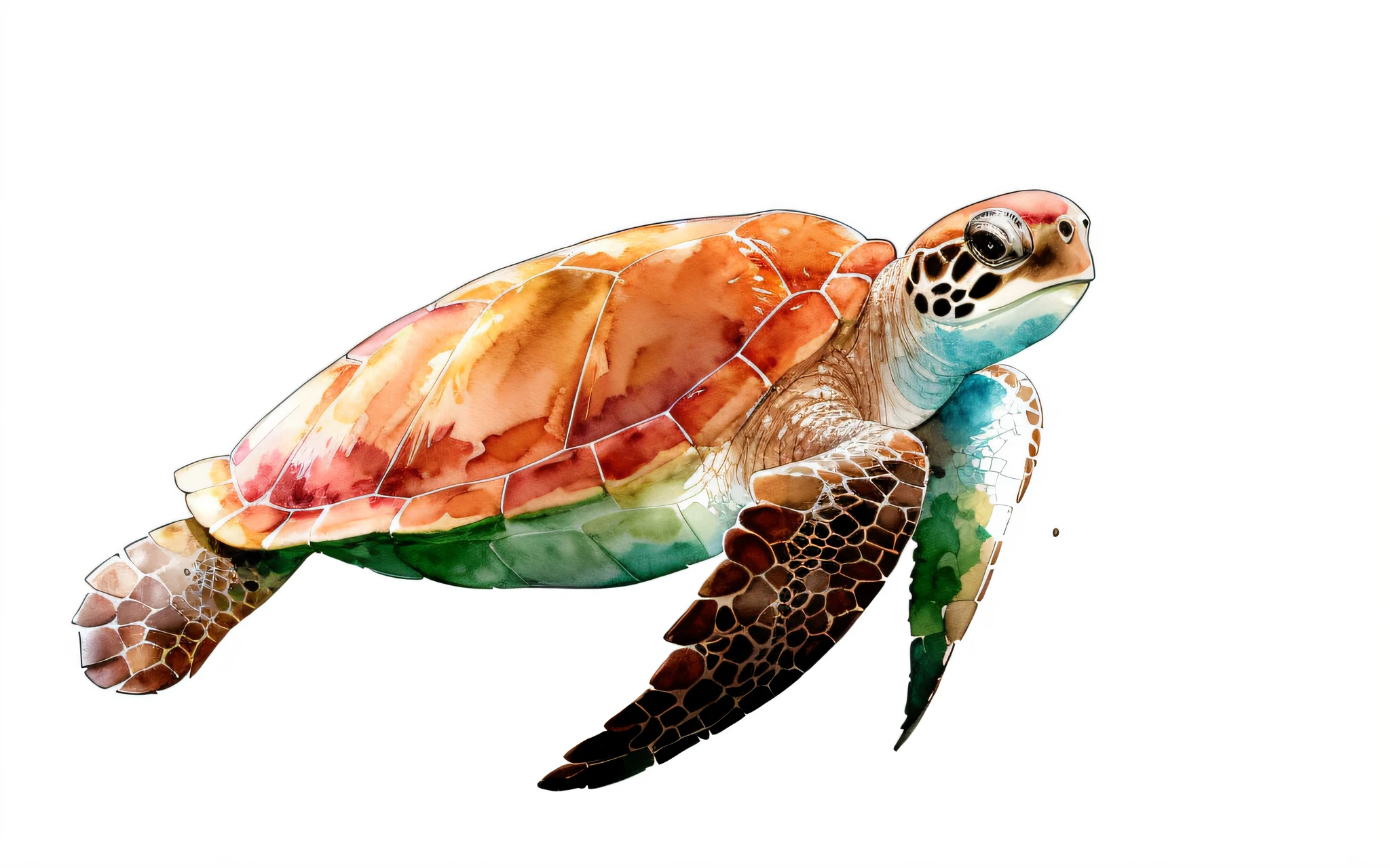 watercolor, turtle, watercolor style, wet in wet technique, flat illustration, highly detailed clean, vector image, masterpiece, professional, isometric, bright vector, white background, dry brush, brush stroke, drawn on canvas, by J.M.W. Turner. Expressive markers.