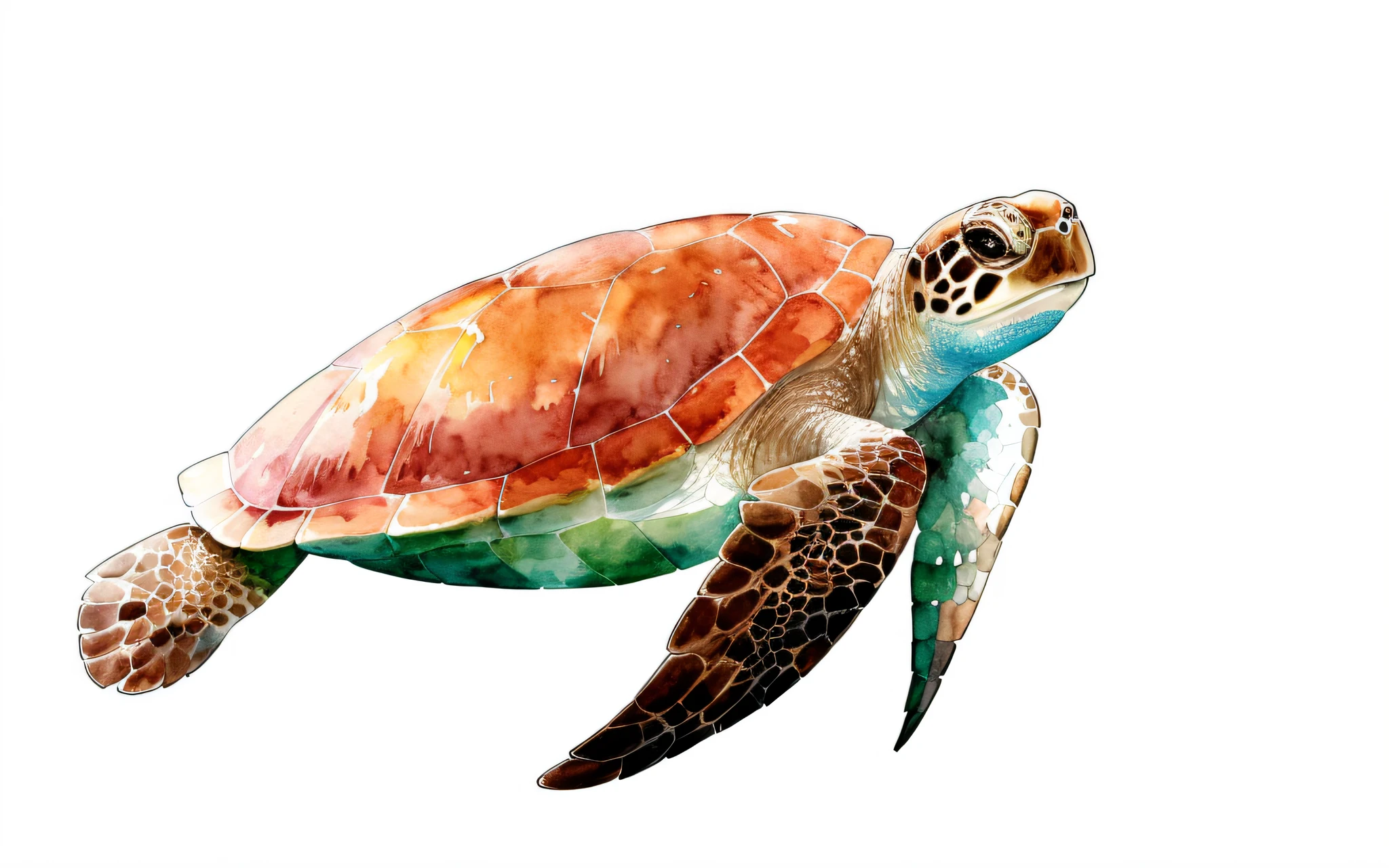 watercolor, turtle, watercolor style, wet in wet technique, flat illustration, highly detailed clean, vector image, masterpiece, professional, isometric, bright vector, white background, dry brush, brush stroke, drawn on canvas, by J.M.W. Turner. Expressive markers.