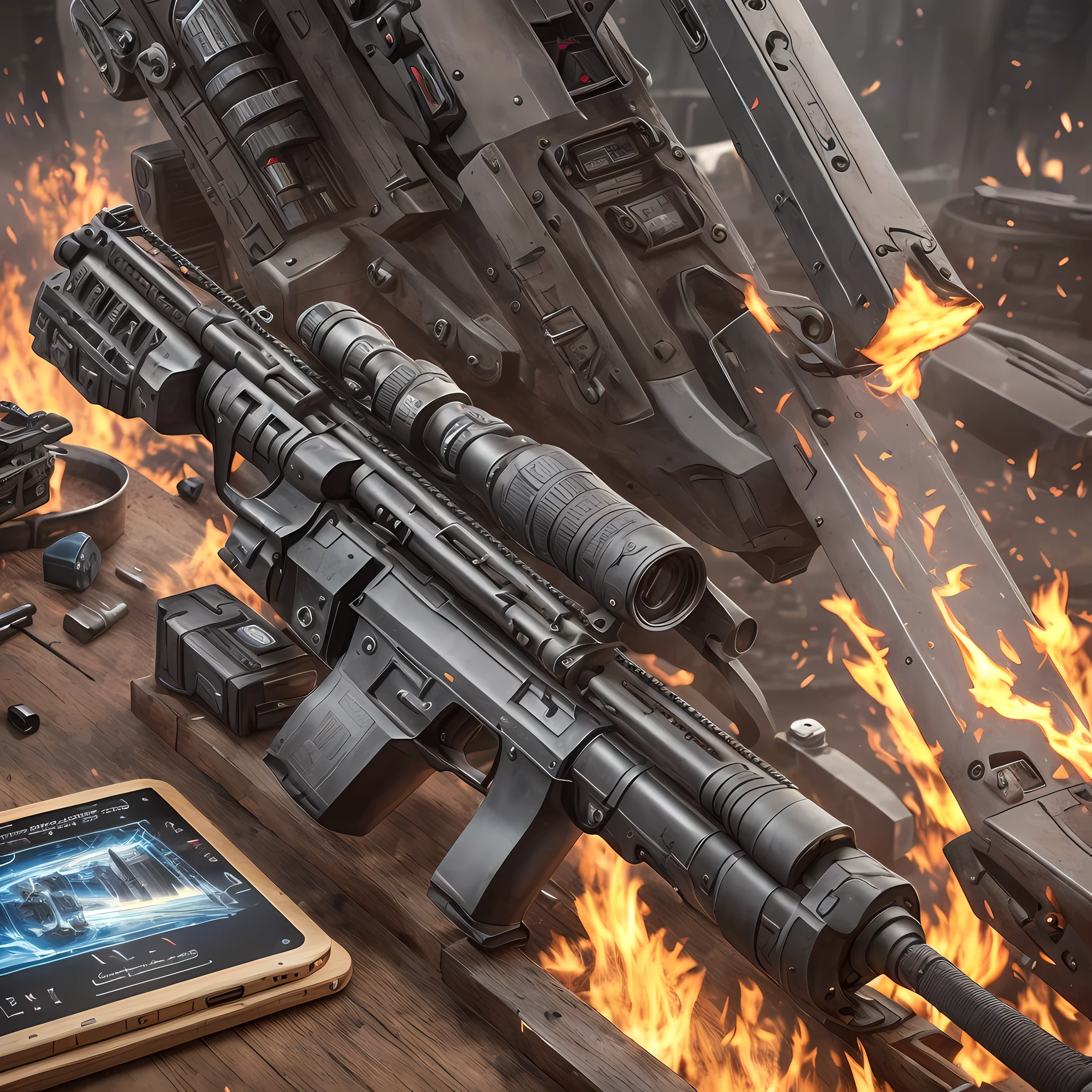 a close up of a rifle on a table with a phone, realistic weapon, realistic weapons, accurate and detailed, 8 k highly detailed ❤🔥 🔥 💀 🤖 🚀, 8k highly detailed ❤️‍🔥 🔥 💀 🤖 🚀, weapon, realistic paint job, skin on the gaming pc, highend, bolt action rifle, long range, accurate detail, highly detailed epic --auto --s2