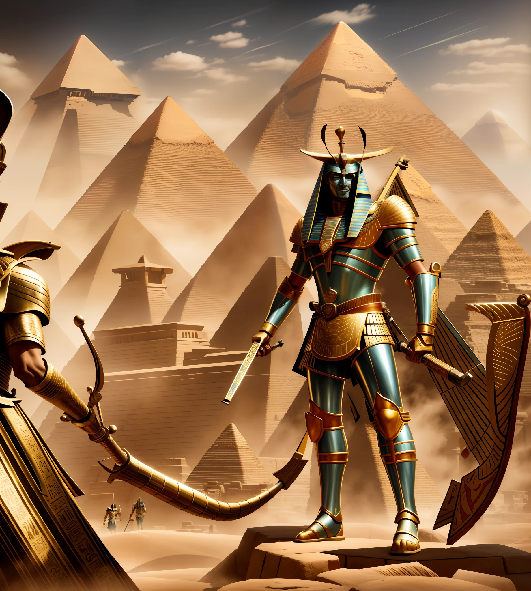 painting of two men in armor standing in front of a pyramid, egyptian samurai, egyptian warrior, by Kerembeyit, the egyptian god, the god anubis, pharoah, egyptian god, an undead desert lich pharaoh, by Johfra Bosschart, egypt themed art, anubis, storm egyptian god, red eyes, UHD, retina, masterpiece, anatomically correct, ccurate, textured skin, super detail, high quality, high details, award winning, best quality, highres, 1080P, HD, 4K, 8k, 16k